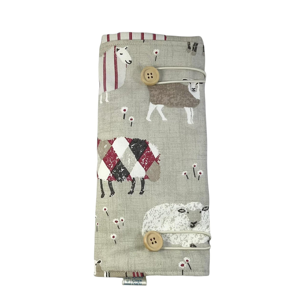 Double pointed knitting needle case with natural and red sheep,  DPN or crochet hook case, sock knitters gift,