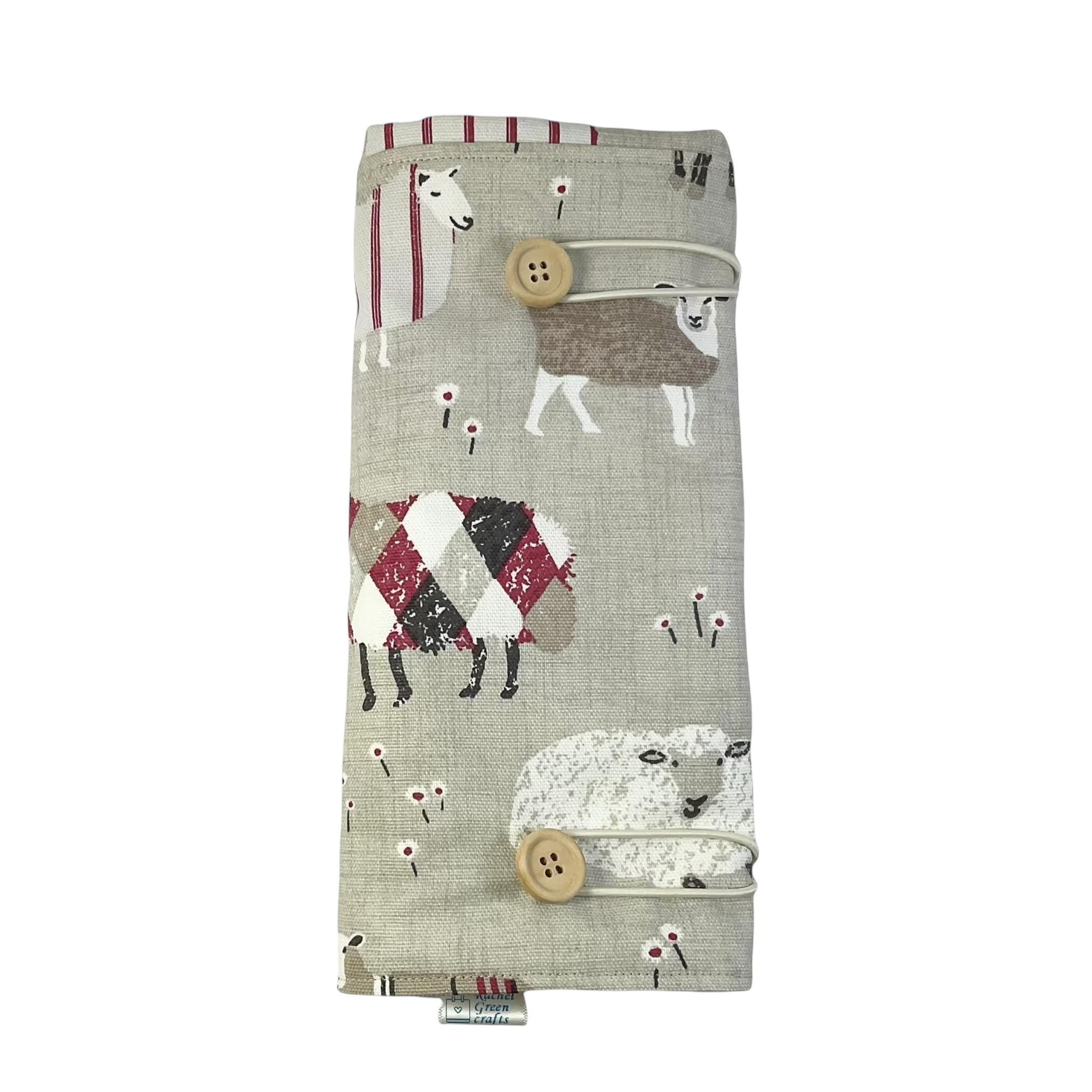 Double pointed knitting needle case with natural and red sheep,  DPN or crochet hook case, sock knitters gift,