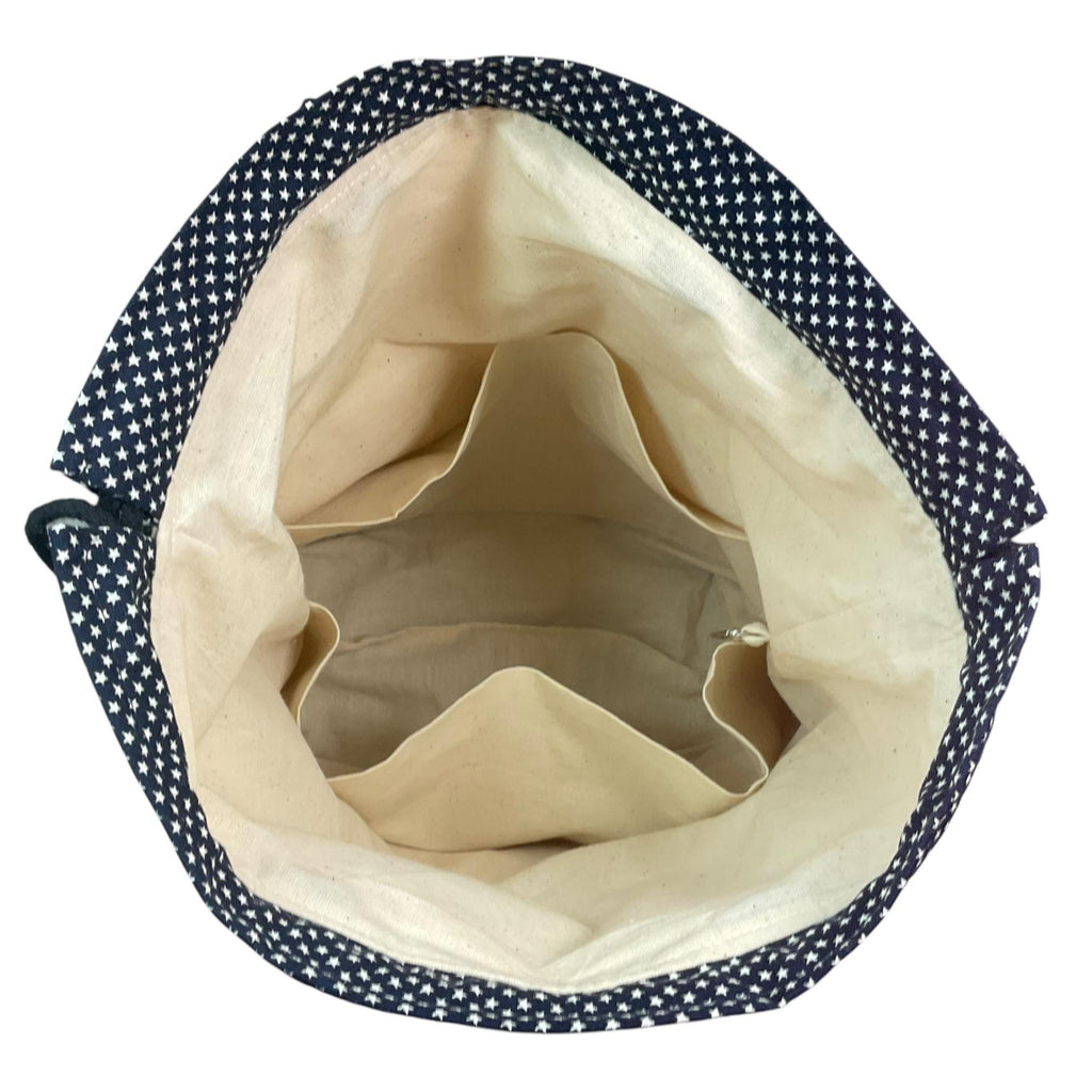 Extra Large drawstring knitting bag with cat print, multi pockets project bag with handles
