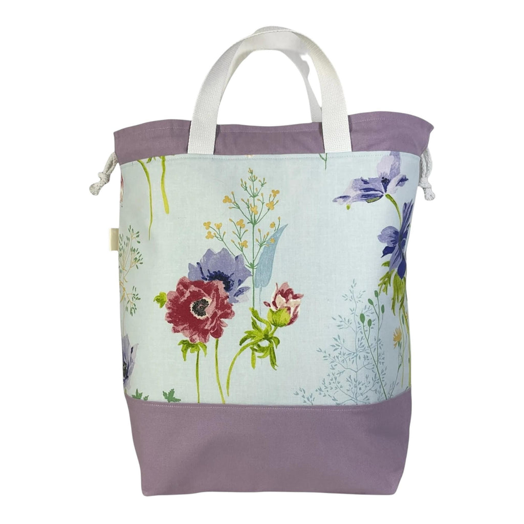 Extra Large canvas drawstring knitting bag with floral  print, multi pockets project  bag with handles, flower lover gift