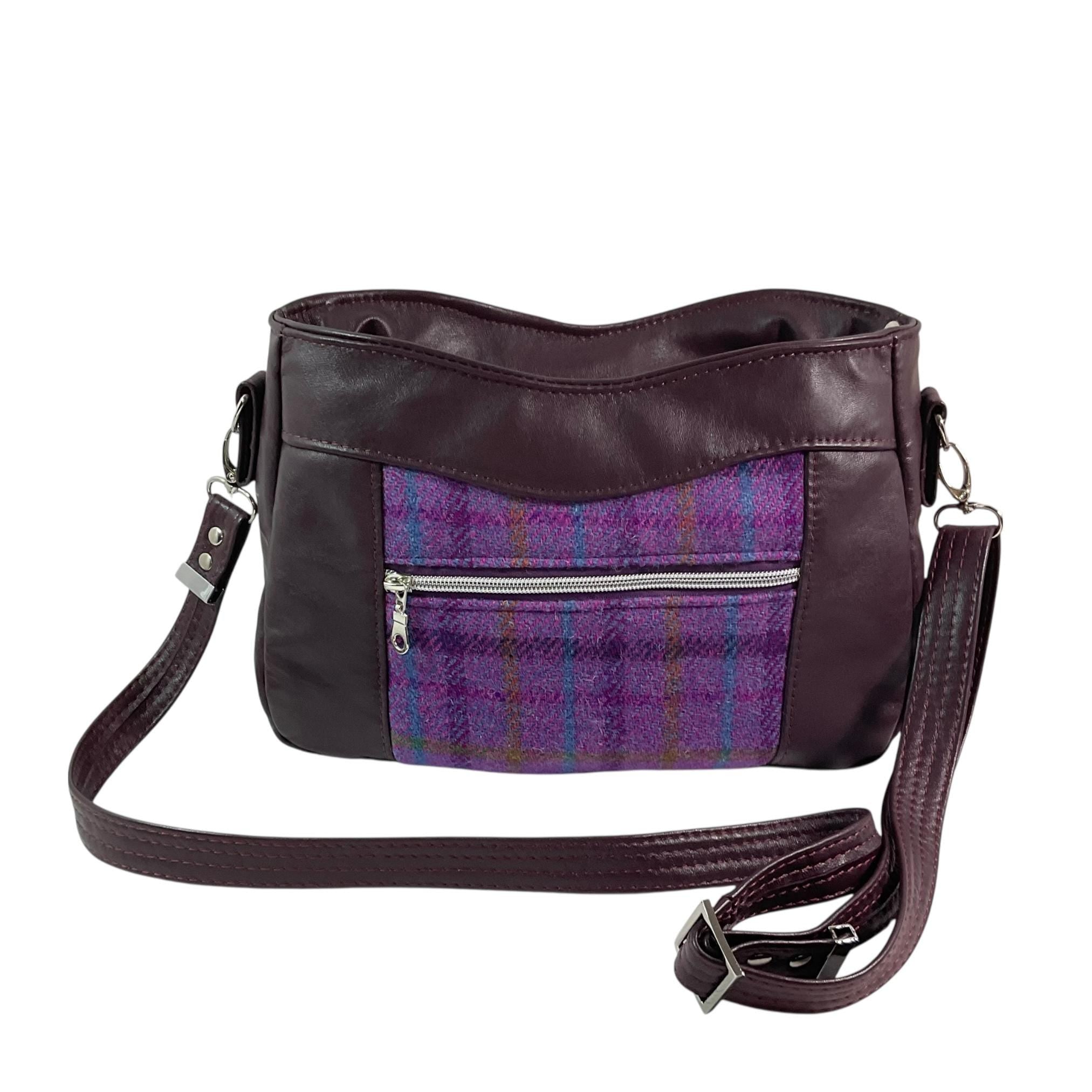 Handbag in genuine leather and Harris tweed tartan print pure wool, green and purple check medium sized zip top shoulder bag