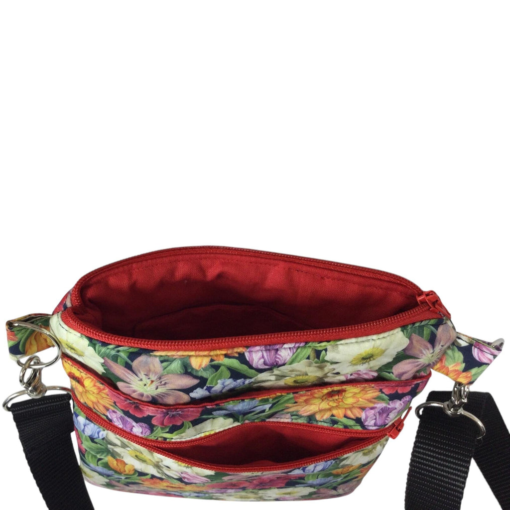 Liberty fabric slim shoulder bag with multi pockets, messenger style paisley  floral phone purse