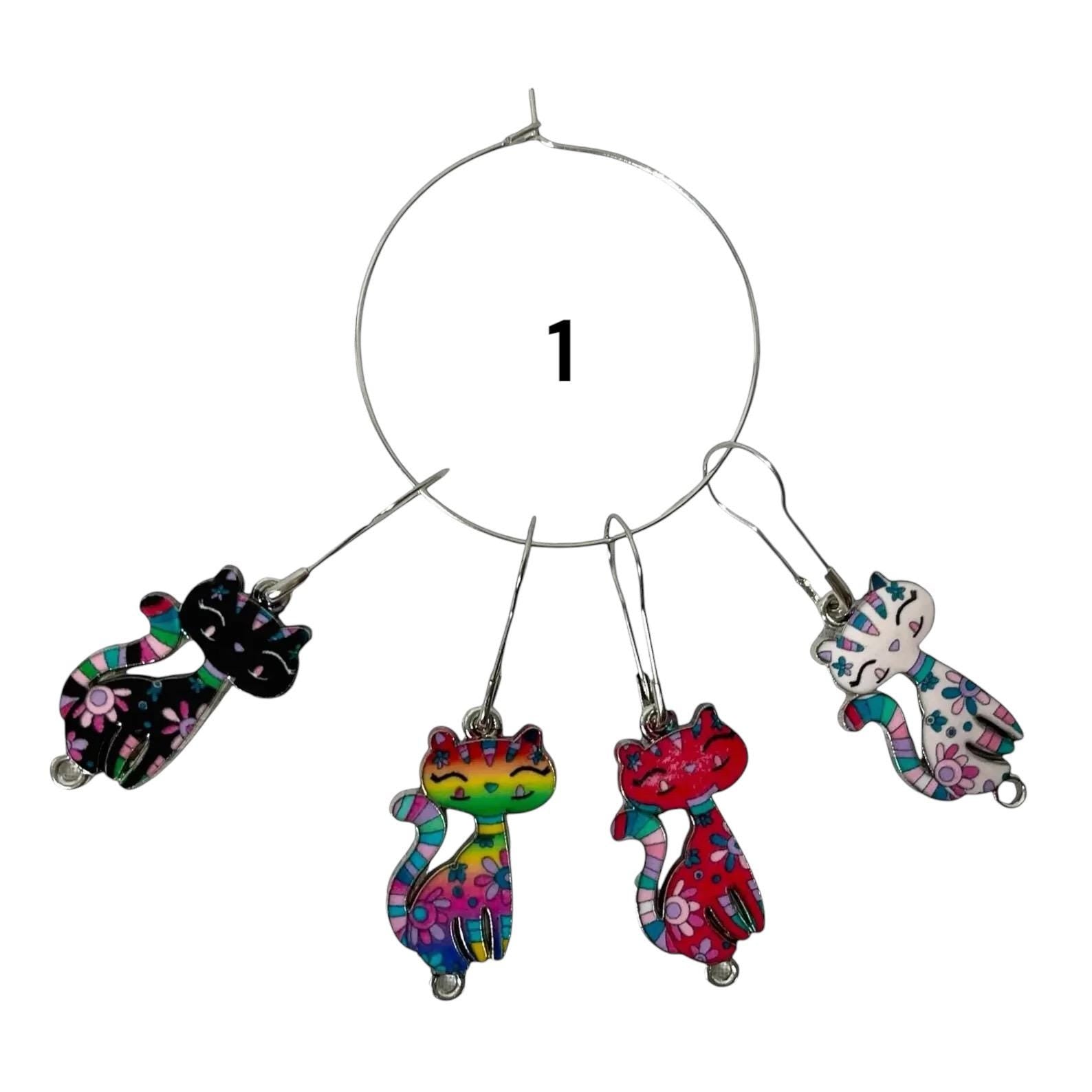 Cat Stitch markers for knitting and crochet, enamelled colourful progress charms, crochet lace markers, knitters gift , place keeper