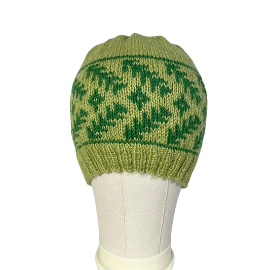green floral hand knit hat