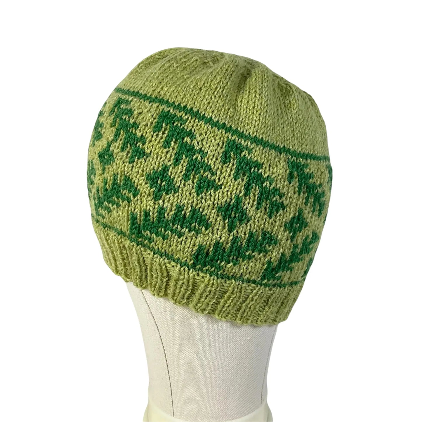 green floral hand knit hat