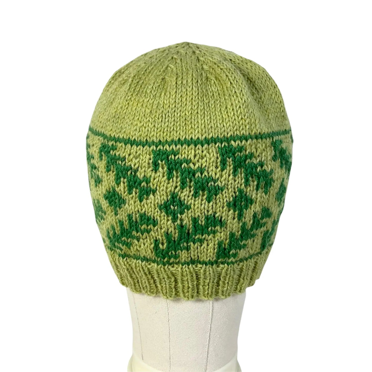 green floral hand knit hat