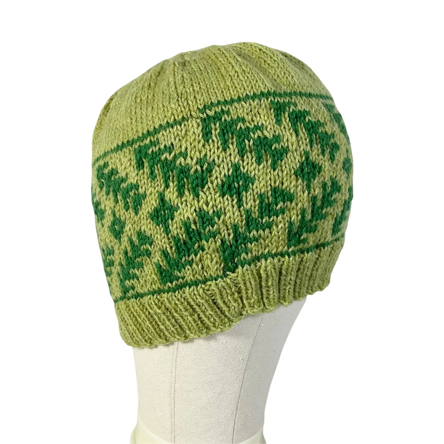 green floral hand knit hat
