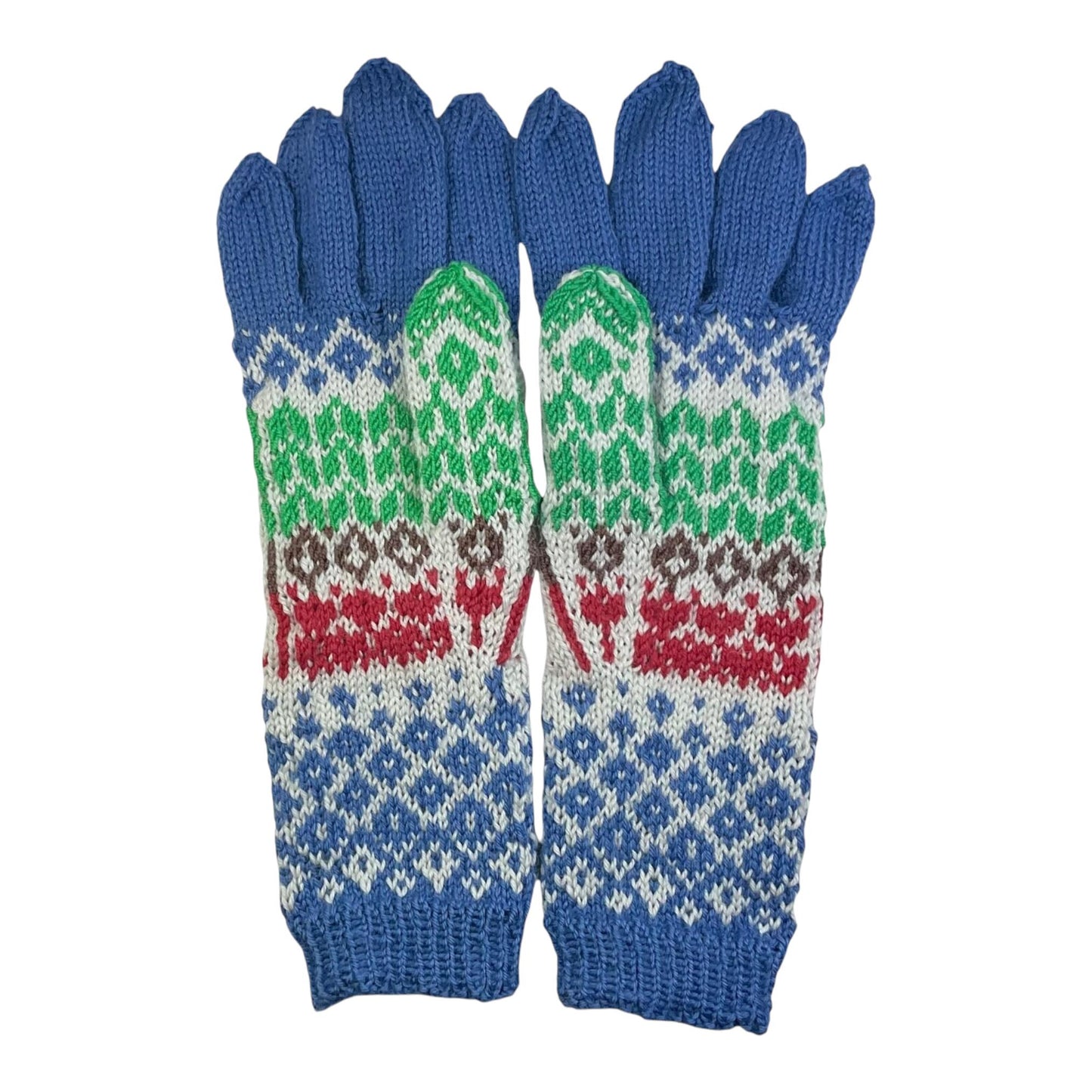 handknitted wool gloves with a Rowan pattern