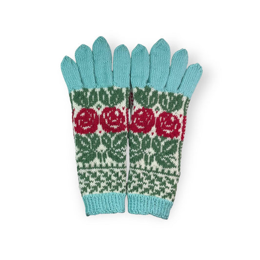 handknitted wool gloves with a red rose pattern
