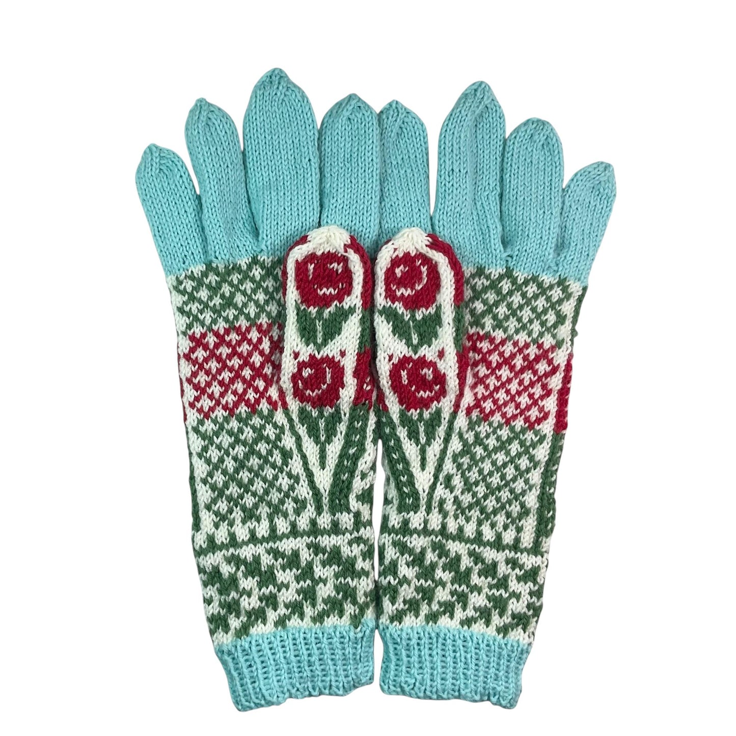 handknitted wool gloves with a red rose pattern