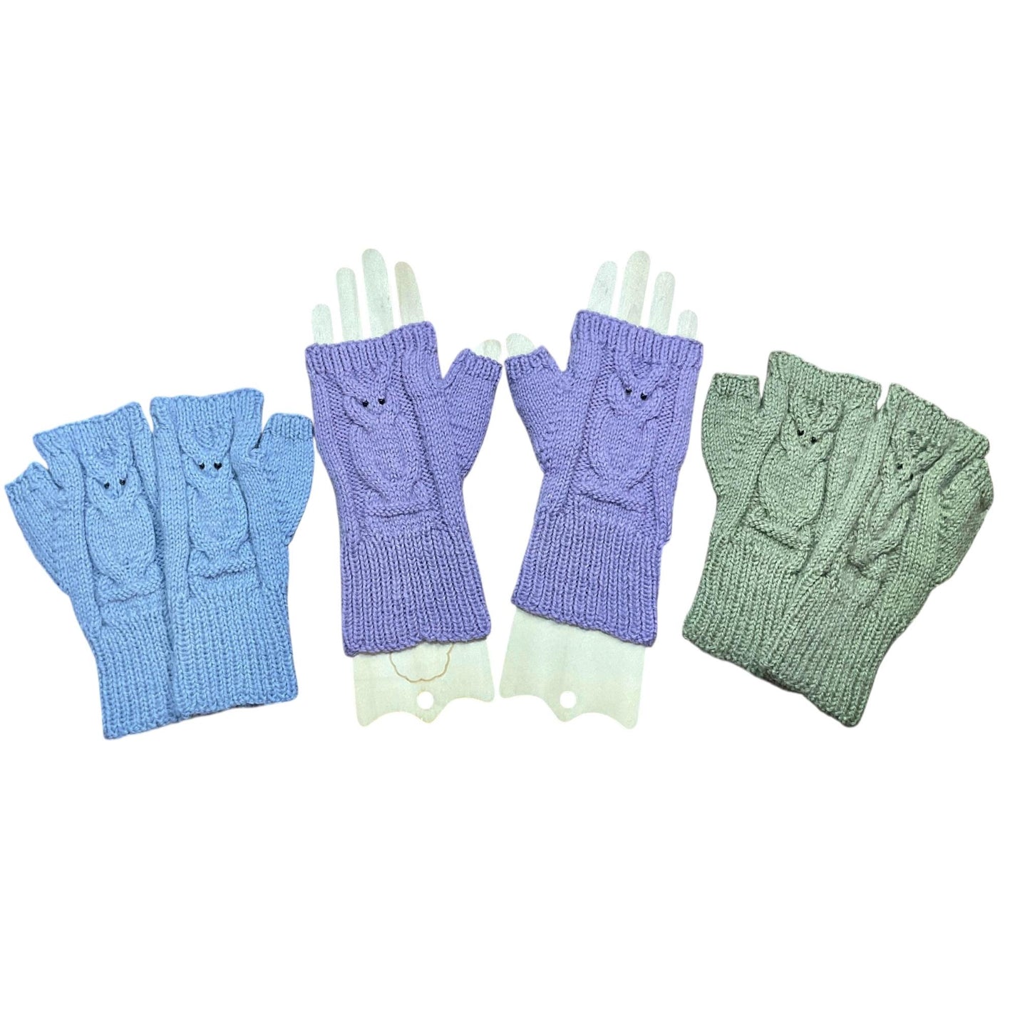 hand knitted owl motif fingerless gloves