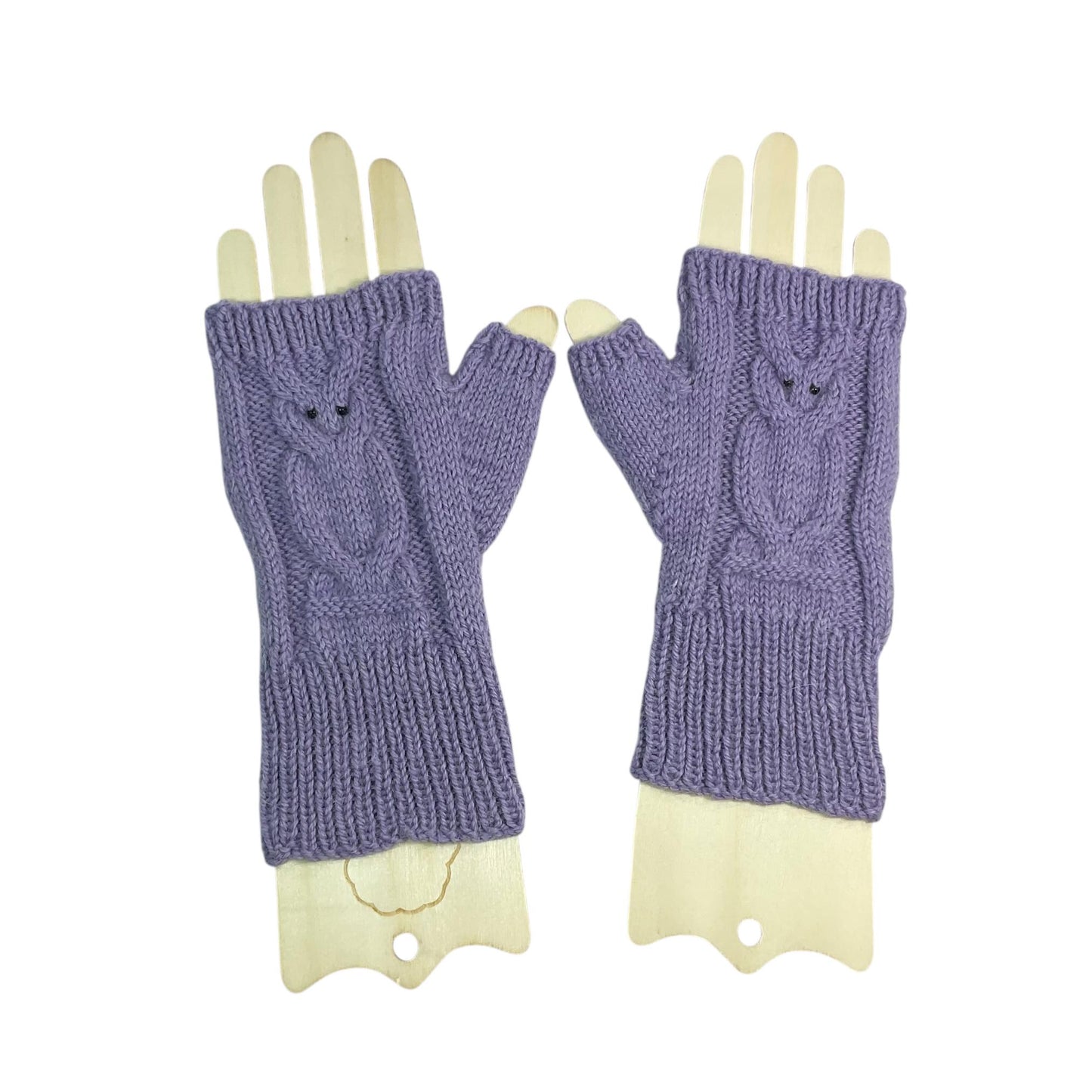 hand knitted owl motif fingerless gloves