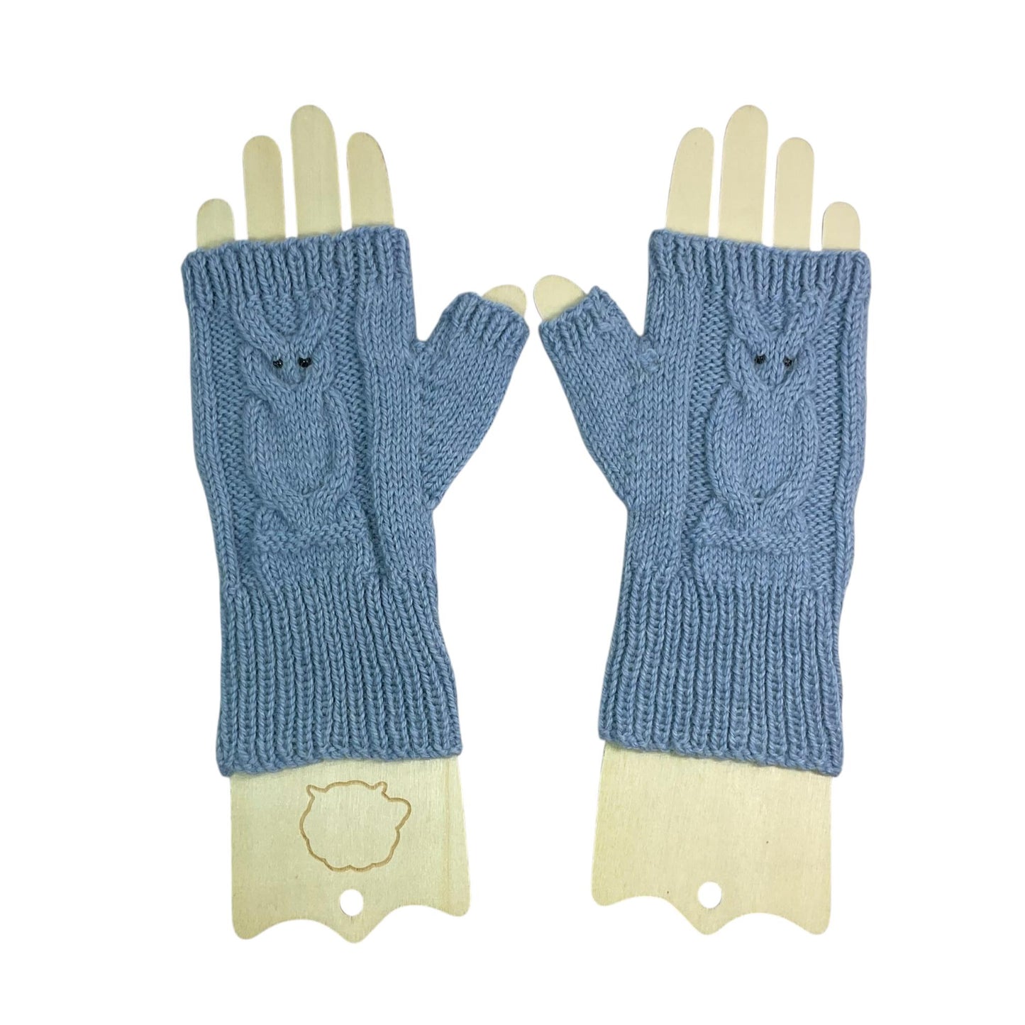 hand knitted owl motif fingerless gloves