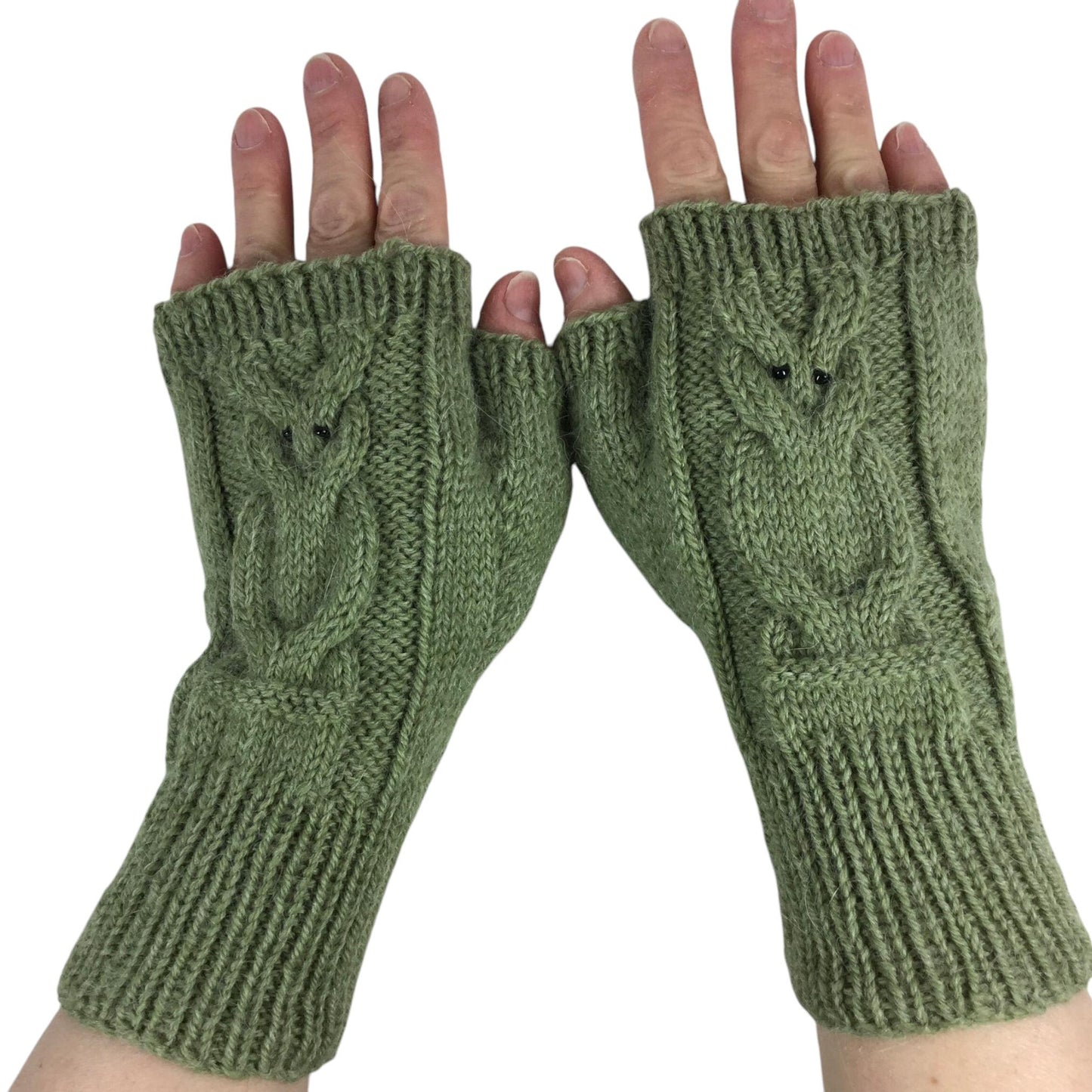 hand knitted owl motif fingerless gloves