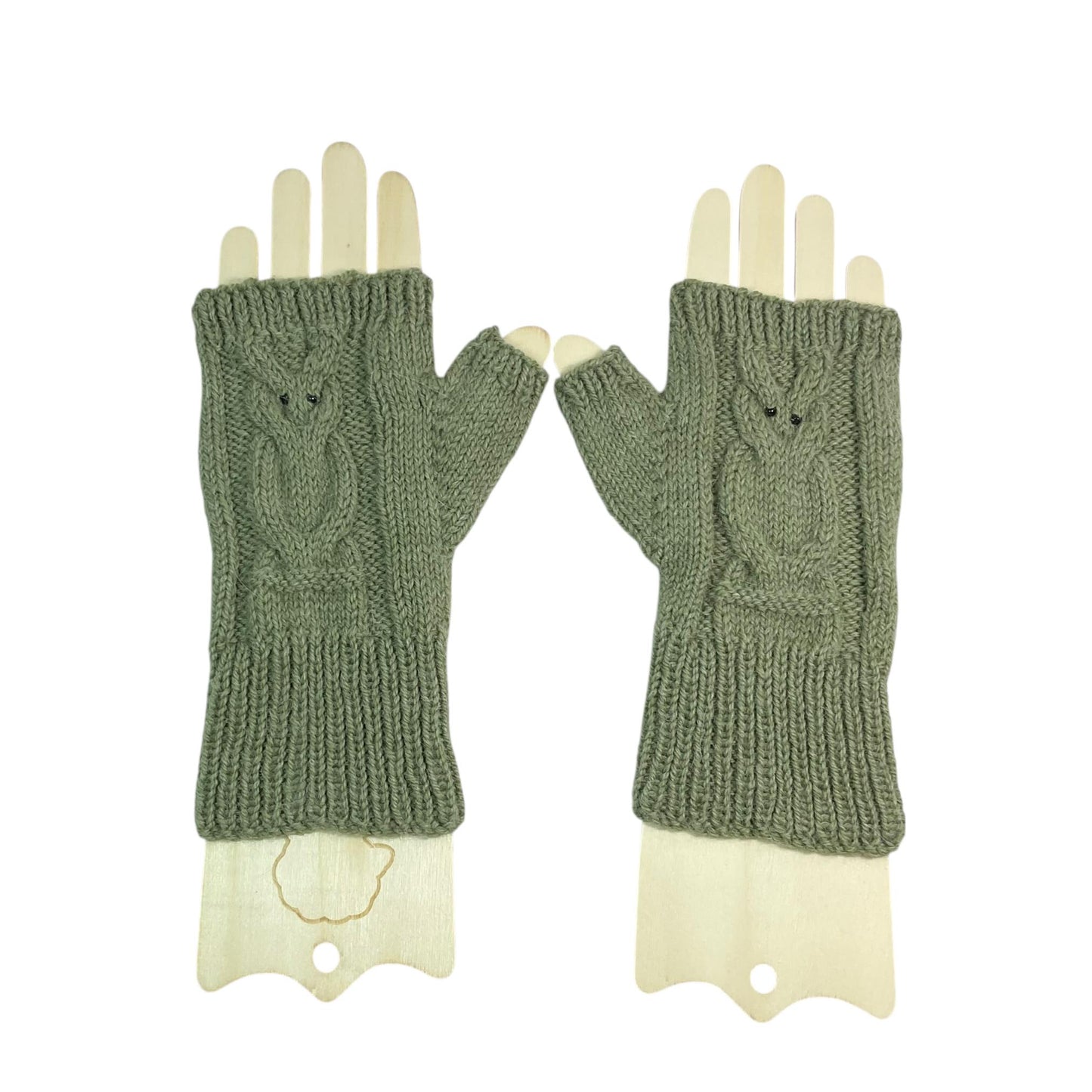 hand knitted owl motif fingerless gloves