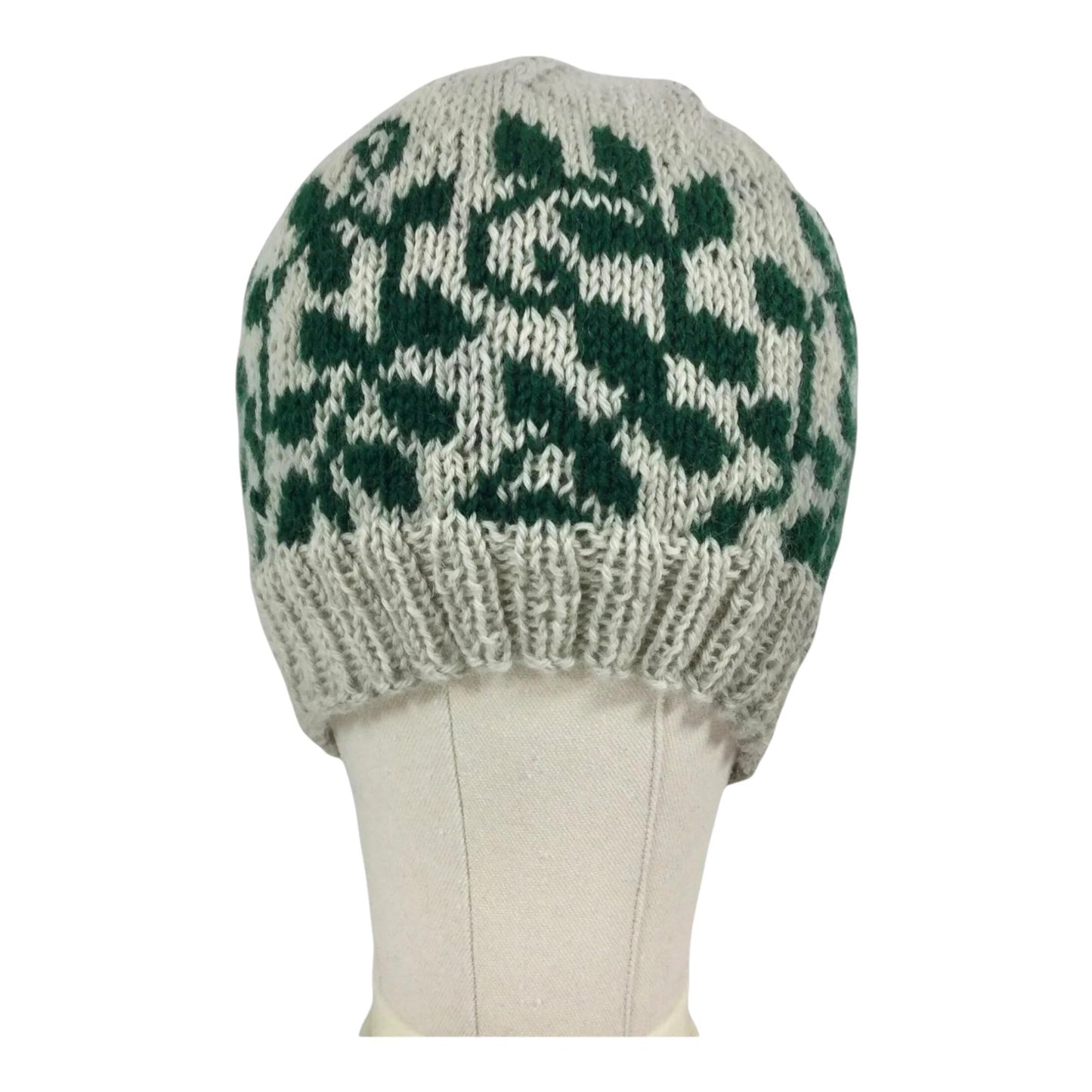 hand knit hat with green and grey floral leaf motif