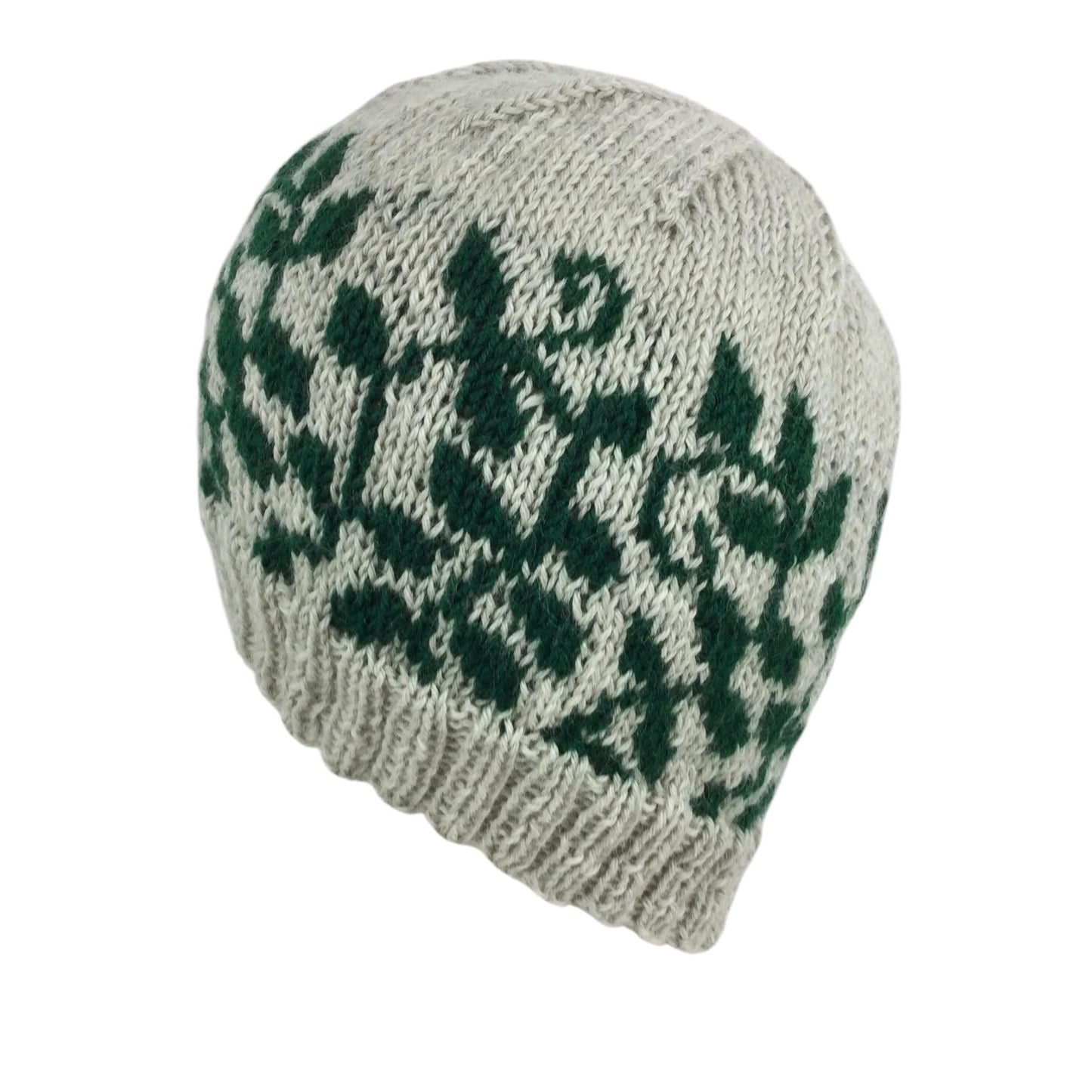 hand knit hat with green and grey floral leaf motif