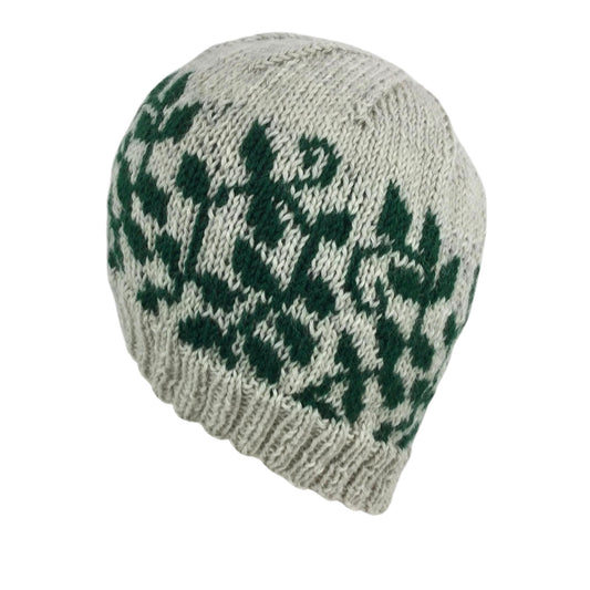 hand knit hat with green and grey floral leaf motif