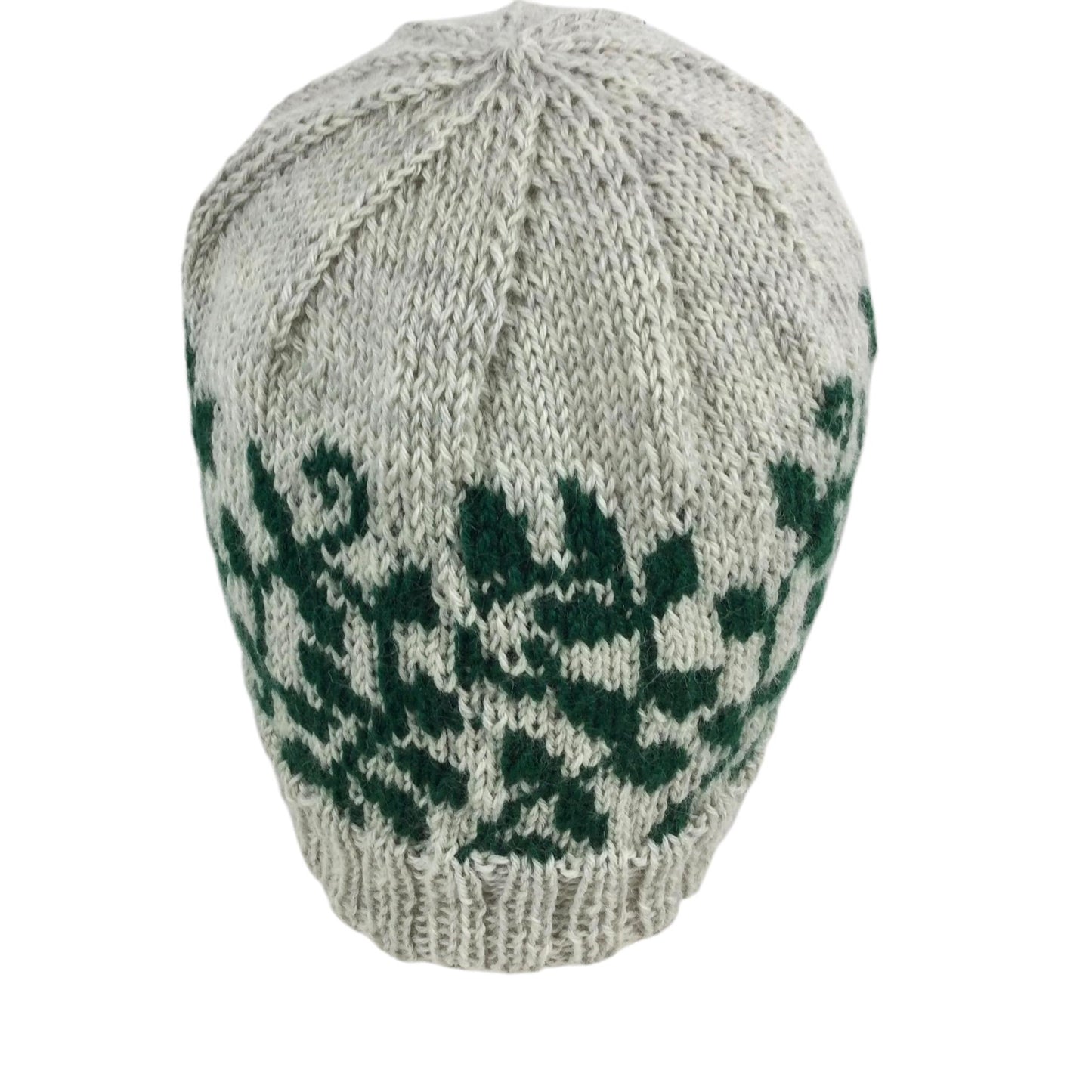 hand knit hat with green and grey floral leaf motif