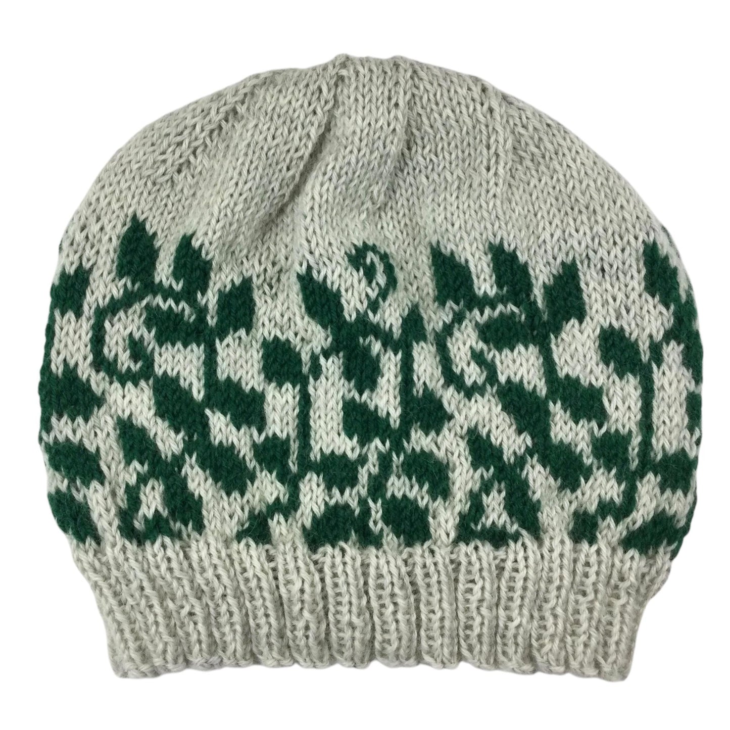 hand knit hat with green and grey floral leaf motif