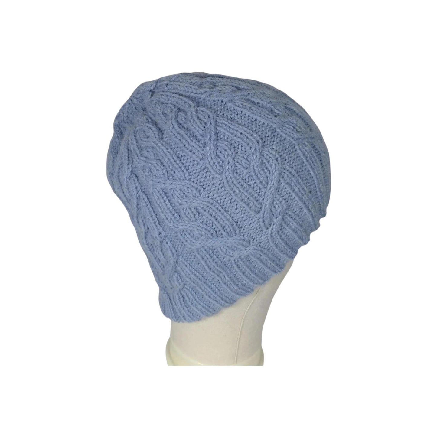 hand knitted cable hat in soft blue