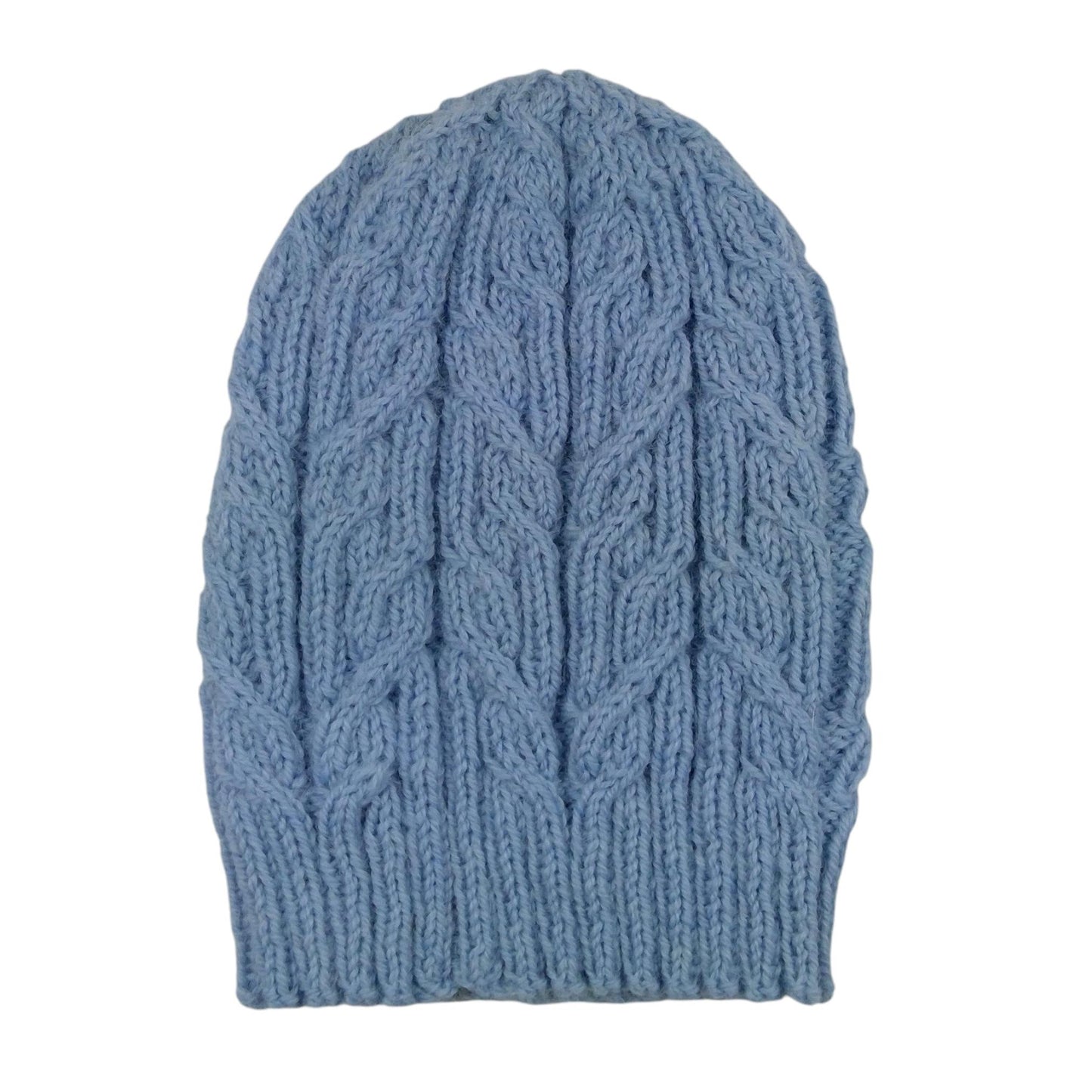 hand knitted cable hat in soft blue