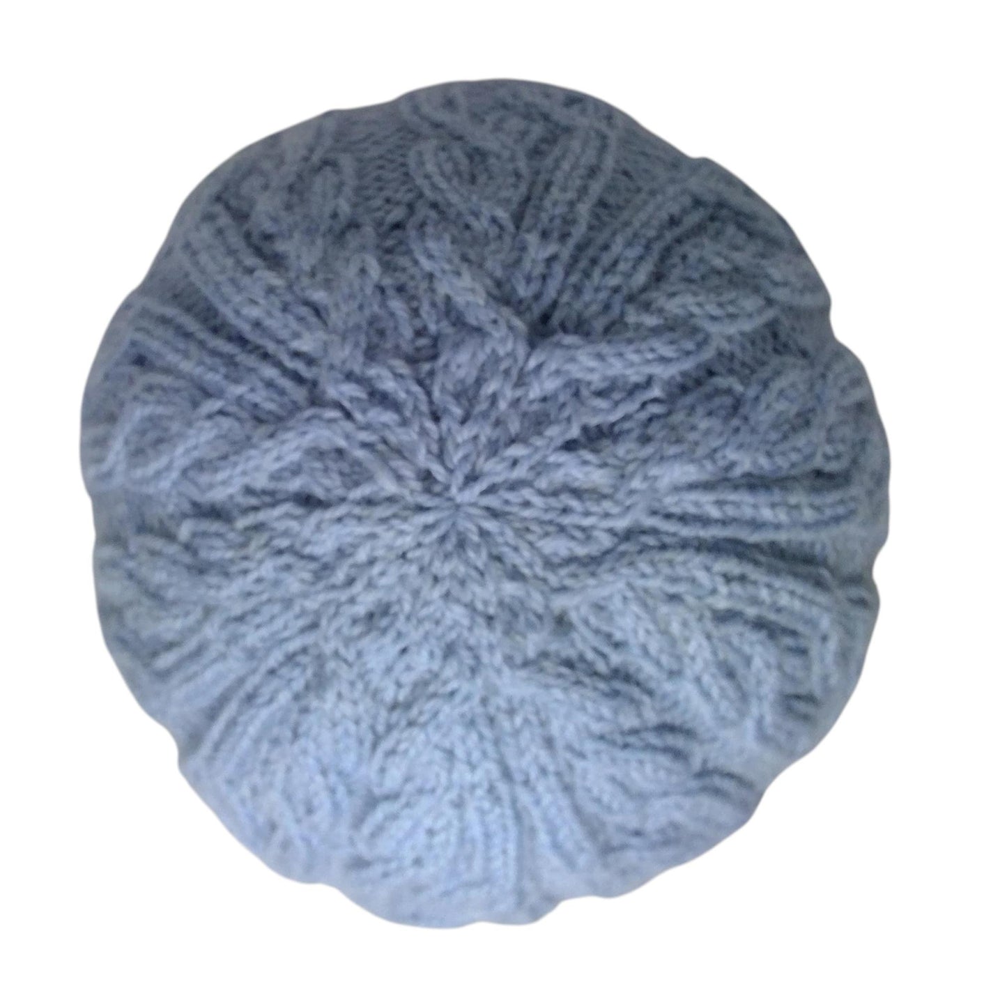 hand knitted cable hat in soft blue
