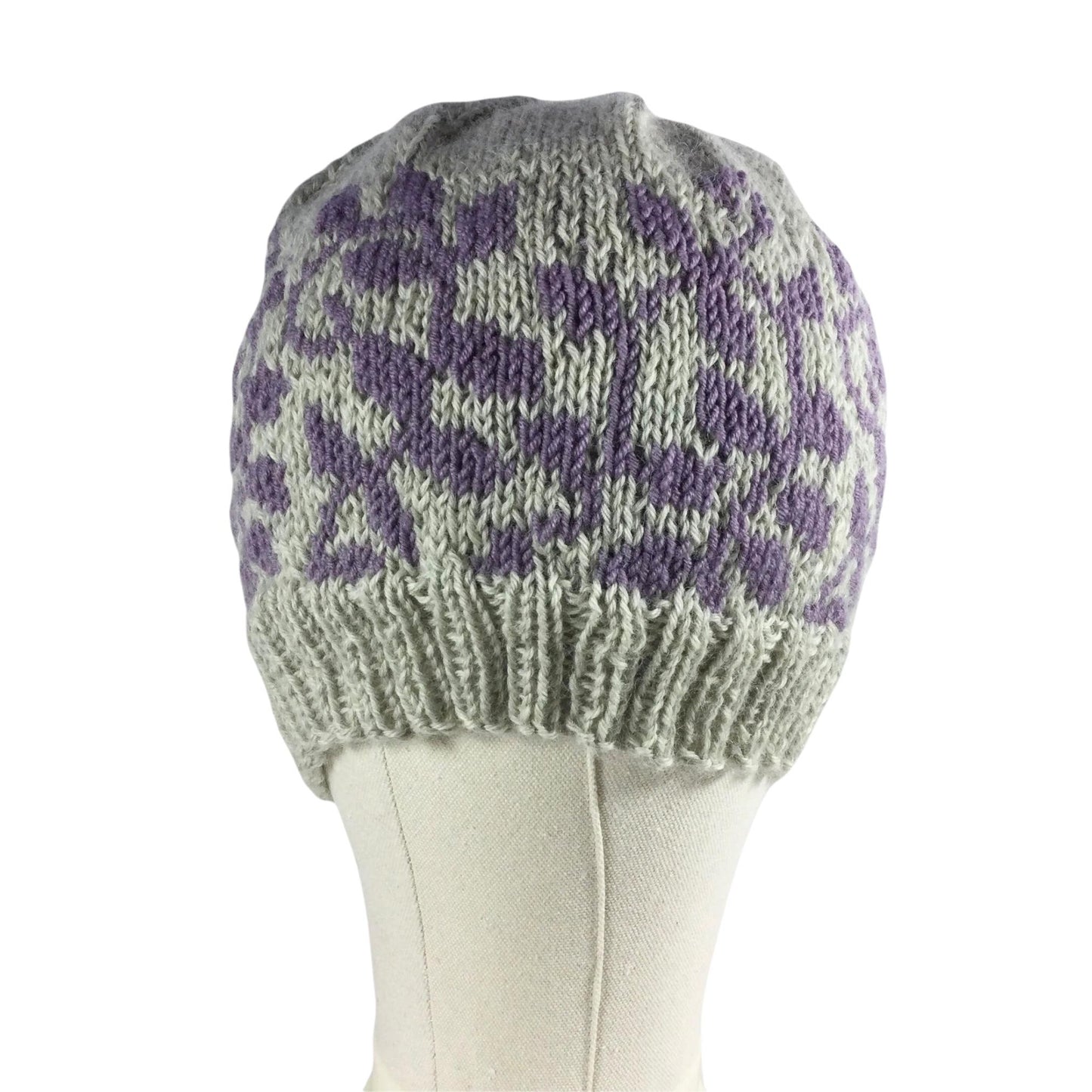 hand knit hat with lilac and grey floral leaf motif