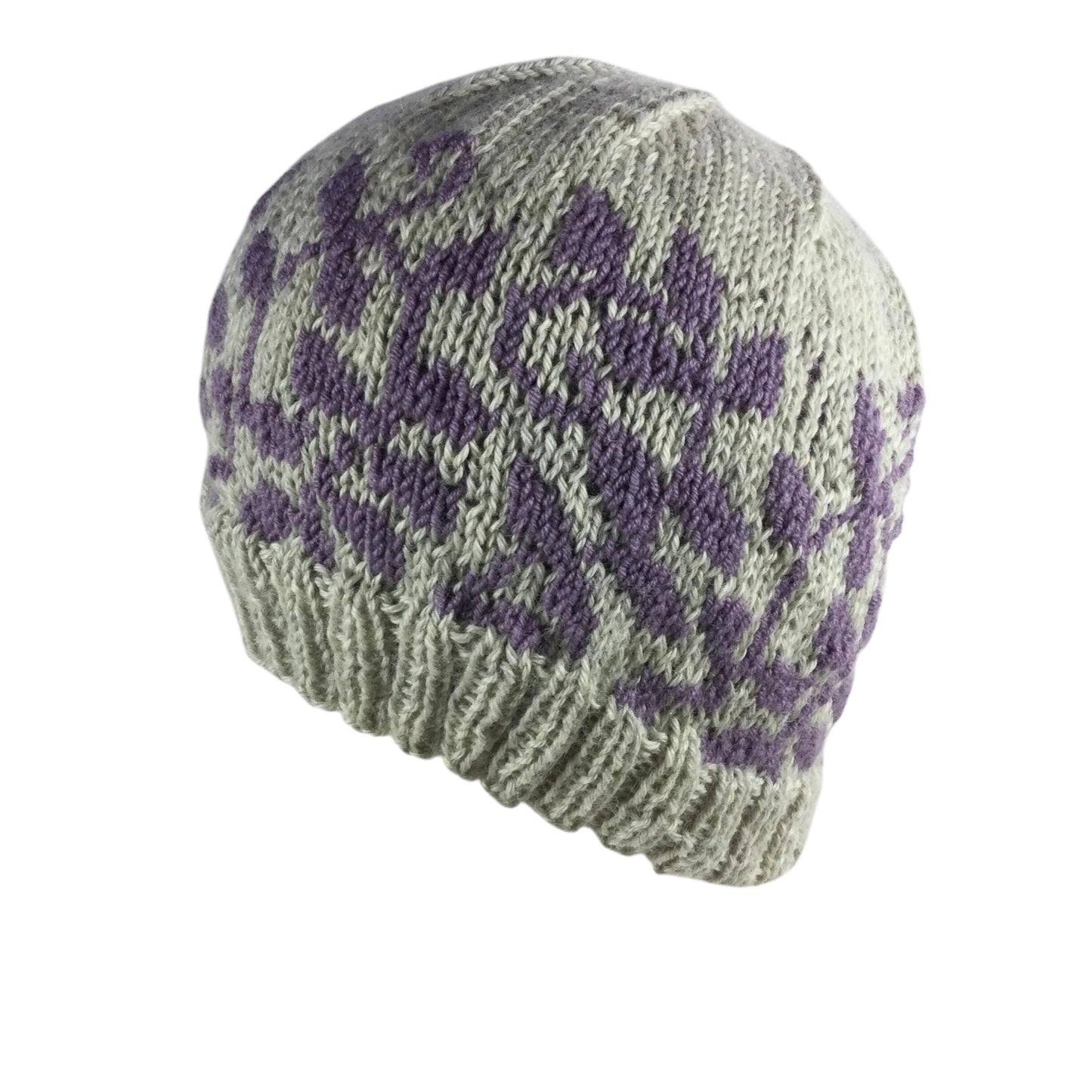 hand knit hat with lilac and grey floral leaf motif