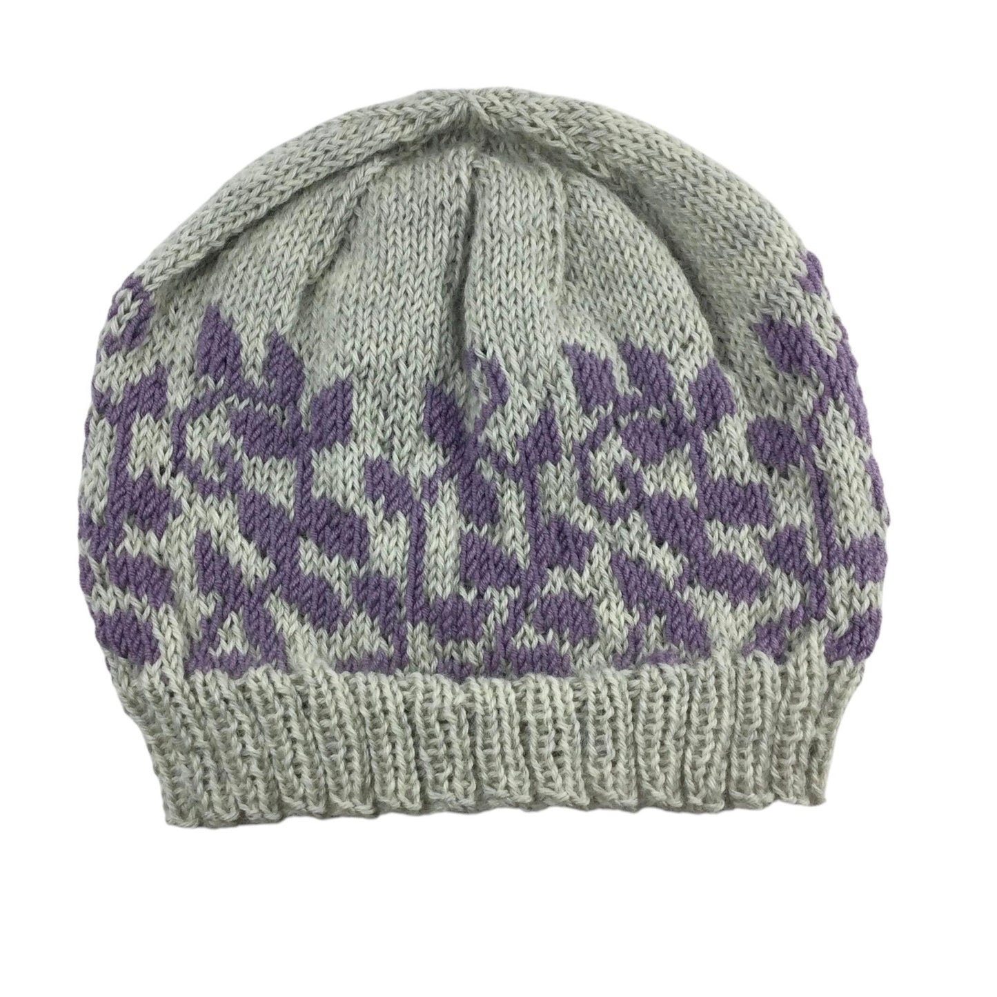 hand knit hat with lilac and grey floral leaf motif