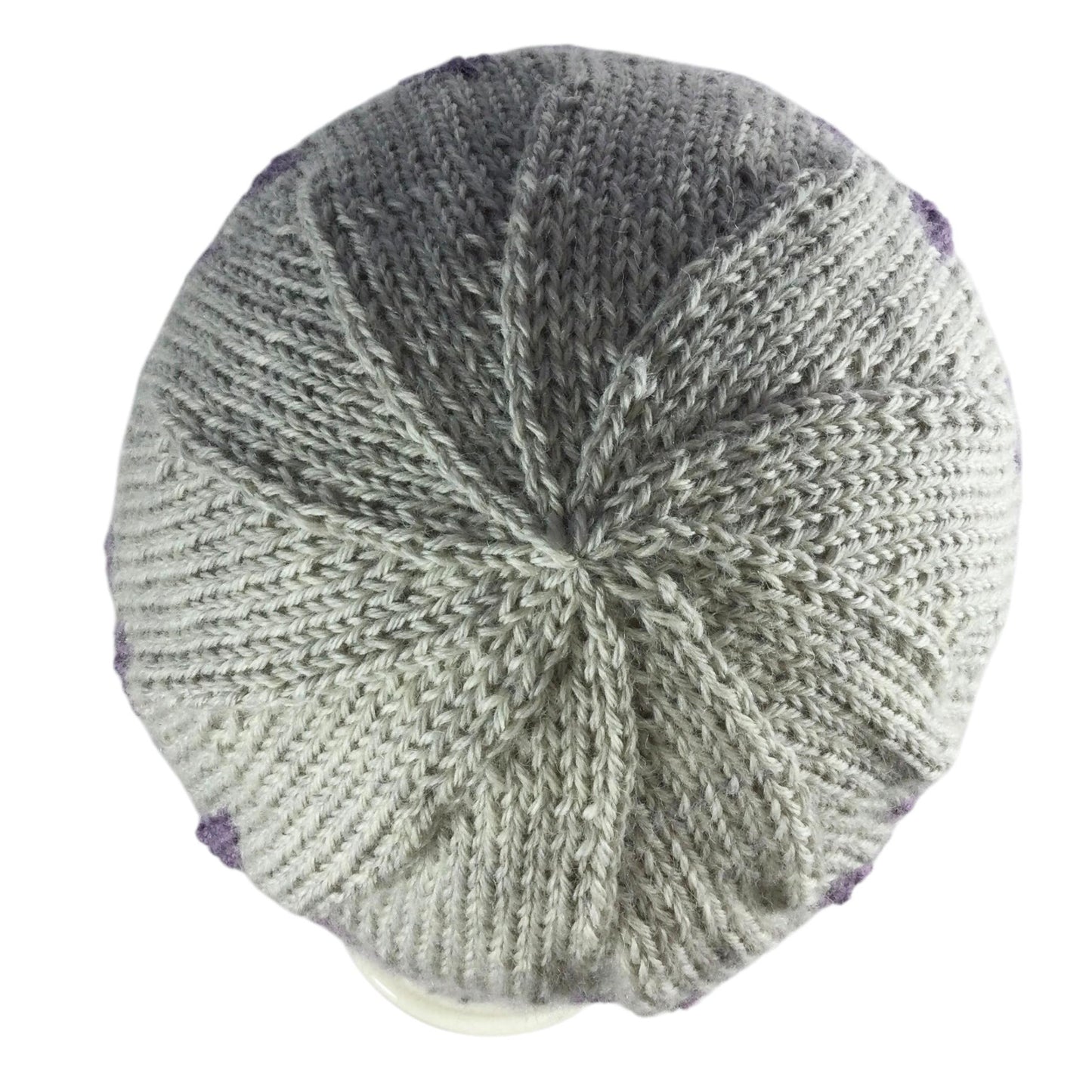 hand knit hat with lilac and grey floral leaf motif