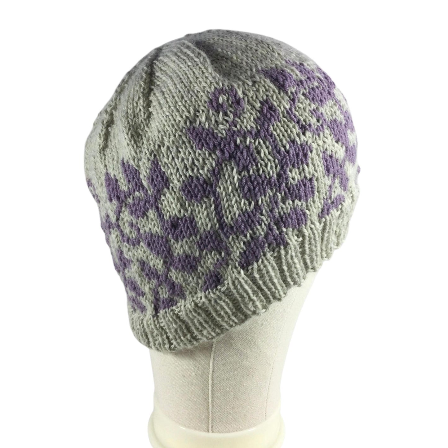 hand knit hat with lilac and grey floral leaf motif