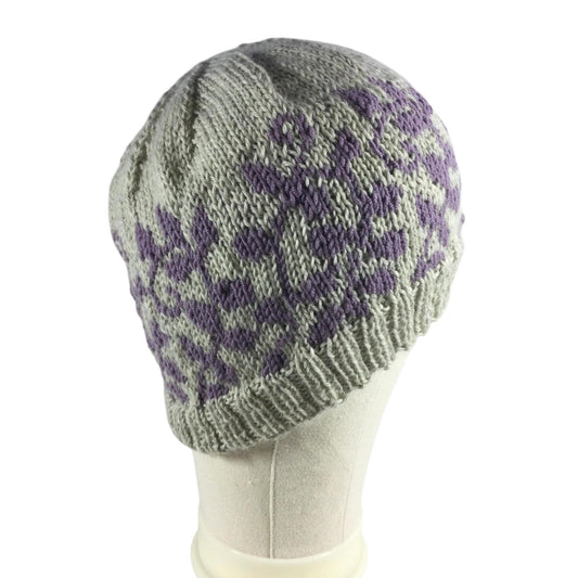 hand knit hat with lilac and grey floral leaf motif