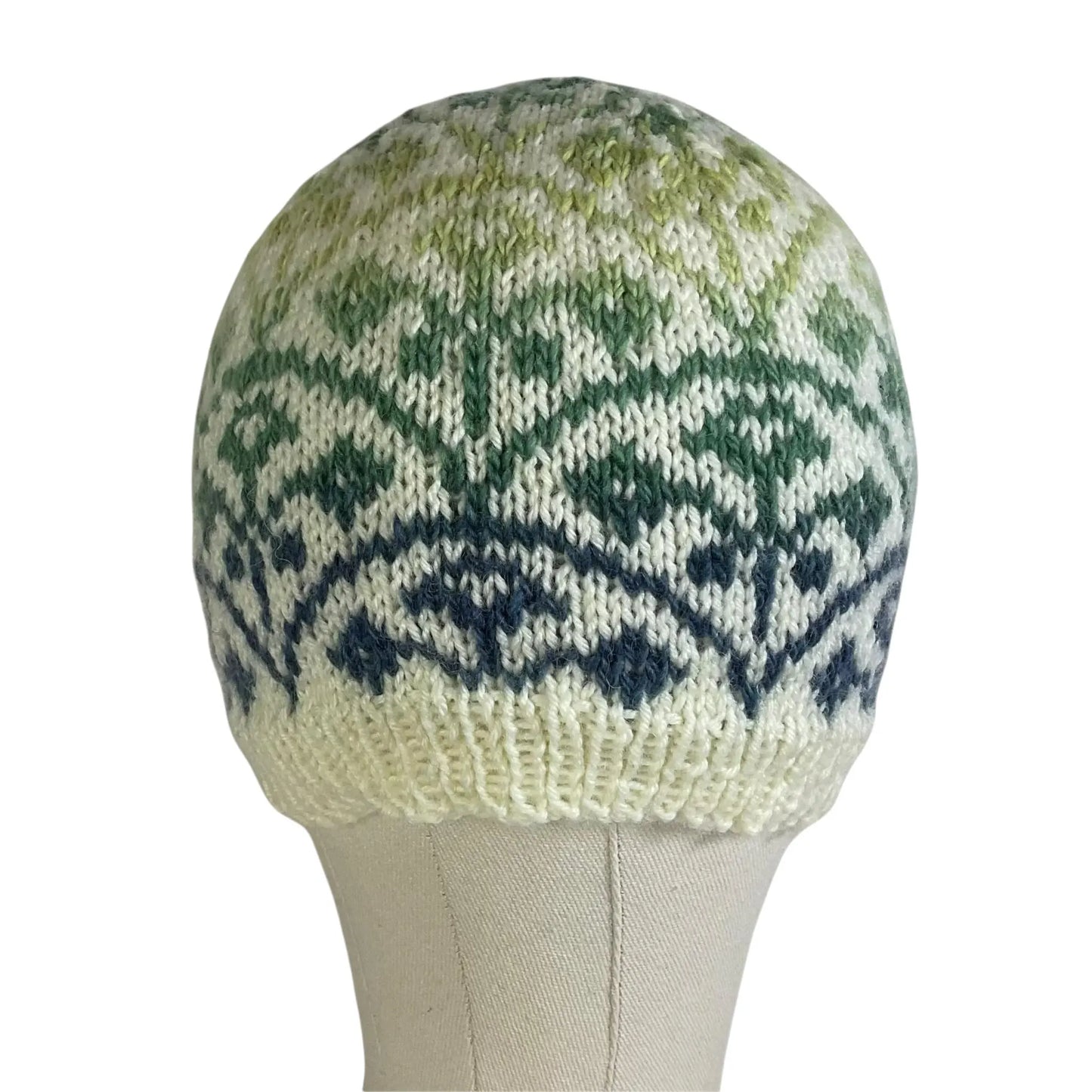 Floral Fairisle hand knitted hat in variagated blue and green yarn