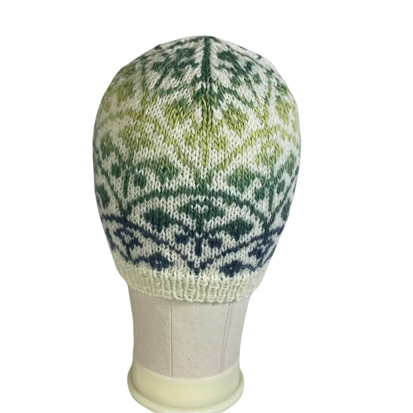 Floral Fairisle hand knitted hat in variagated blue and green yarn