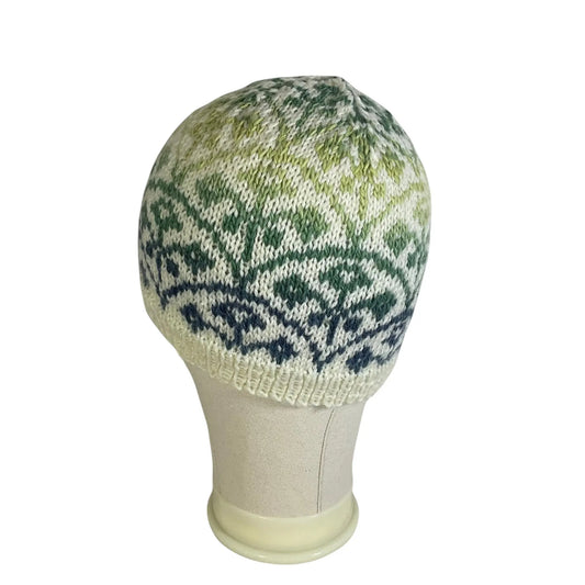 Floral Fairisle hand knitted hat in variagated blue and green yarn