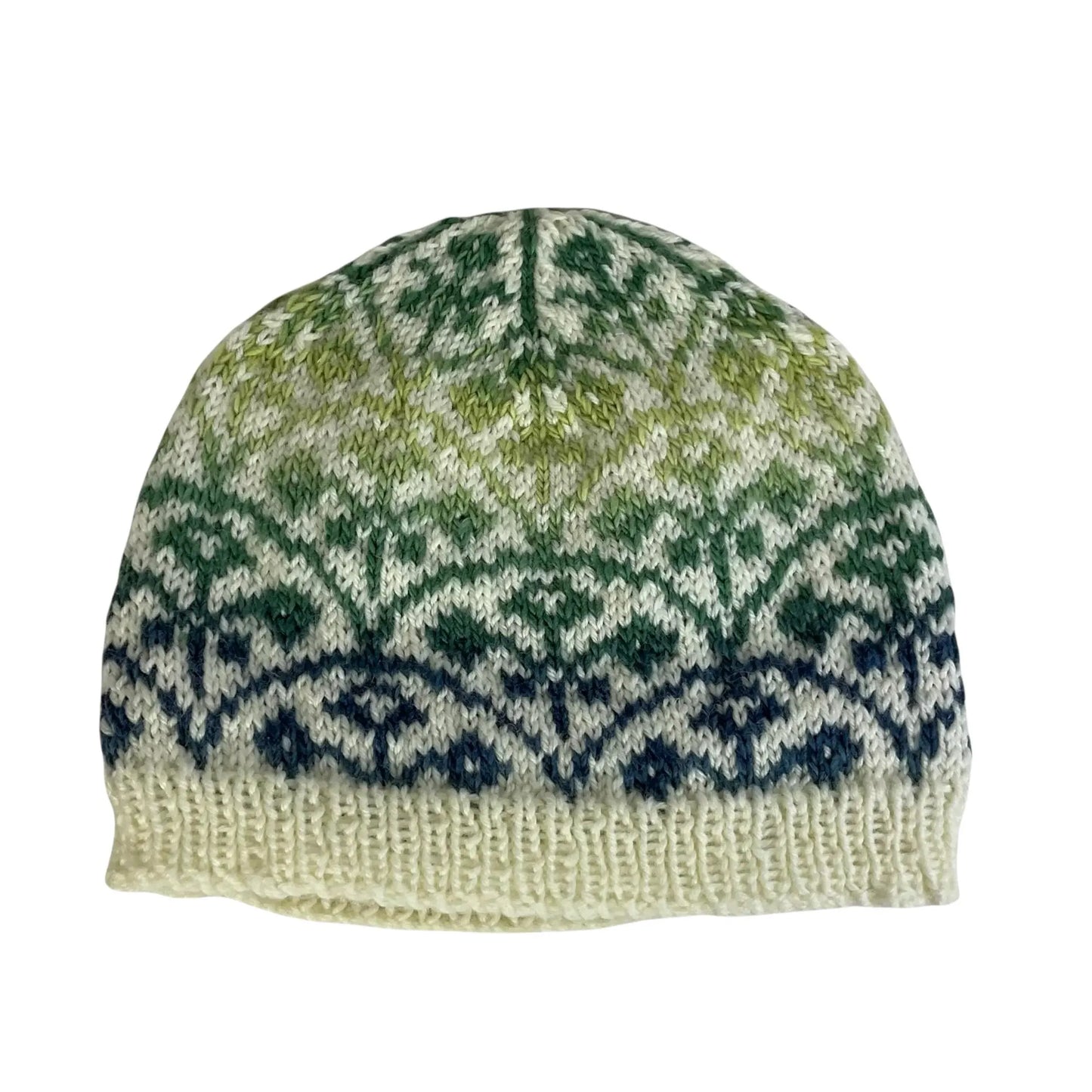 Floral Fairisle hand knitted hat in variagated blue and green yarn