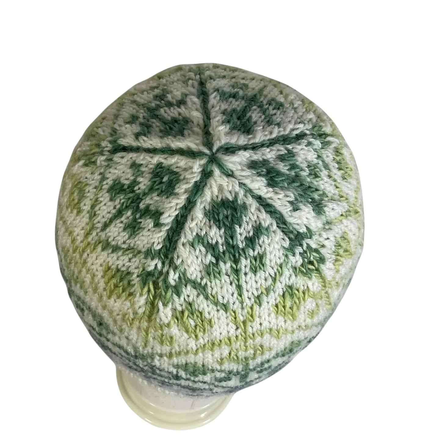 Floral Fairisle hand knitted hat in variagated blue and green yarn