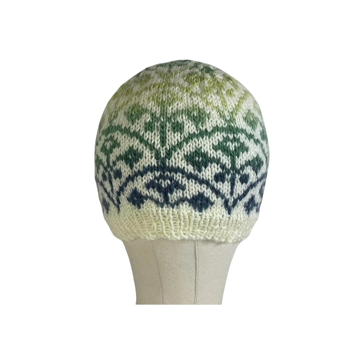 Floral Fairisle hand knitted hat in variagated blue and green yarn