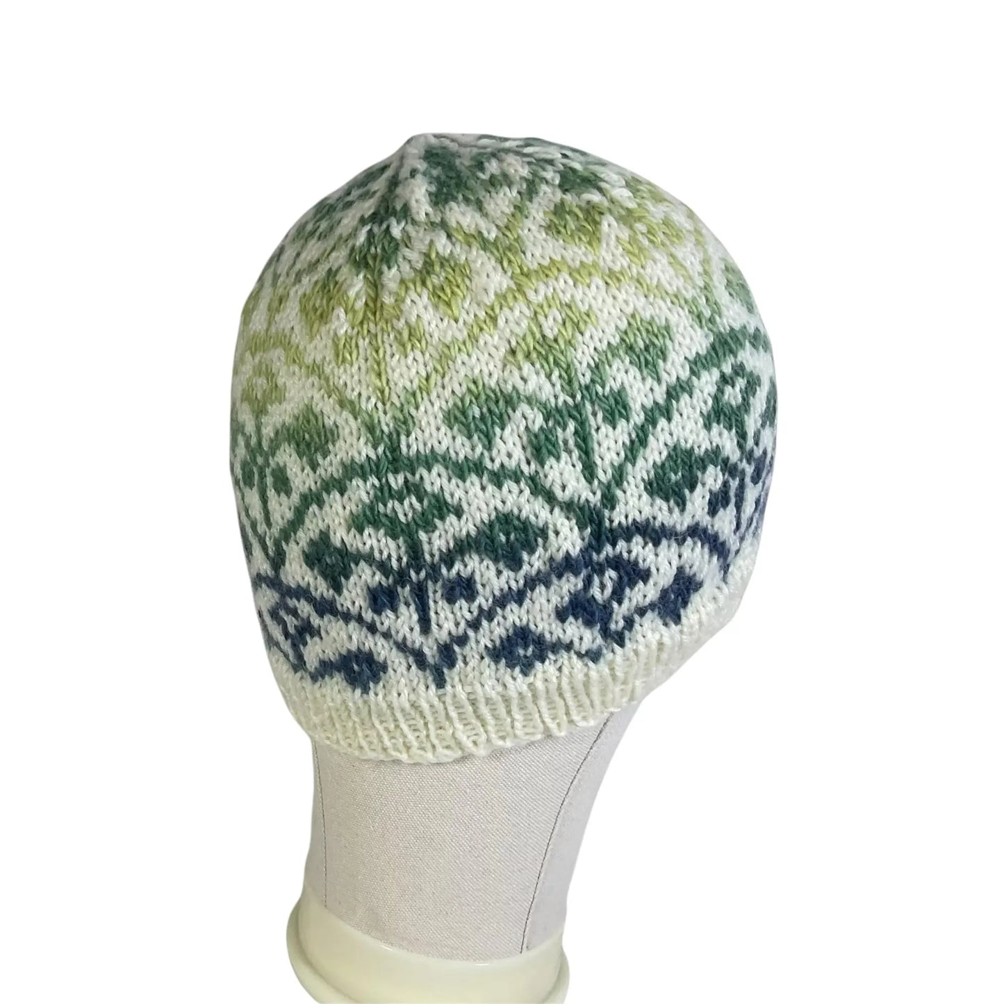 Floral Fairisle hand knitted hat in variagated blue and green yarn