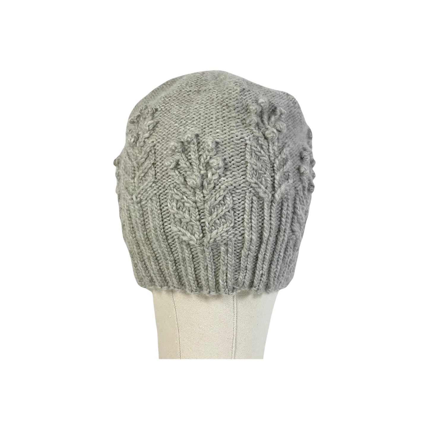 hand knitted cable and bobble hat in silver grey