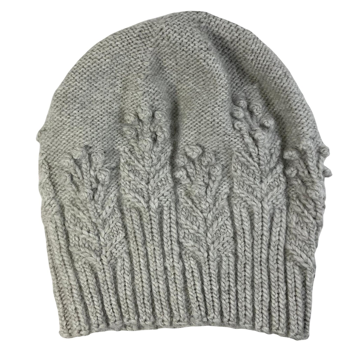 hand knitted cable and bobble hat in silver grey