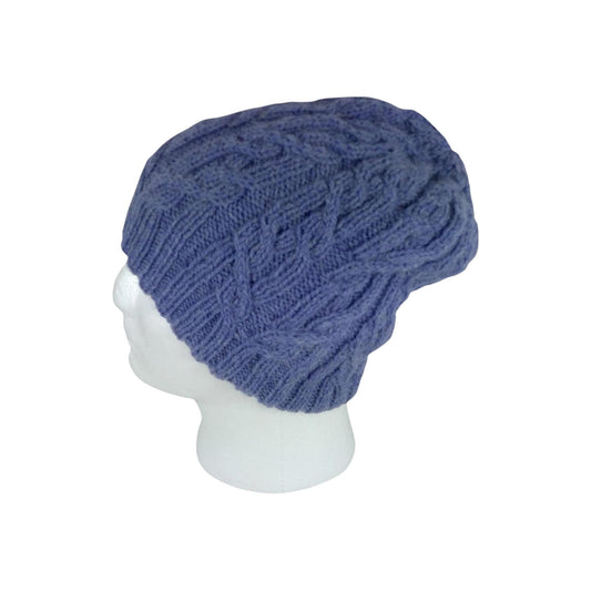 hand knitted cable hat in mid blue