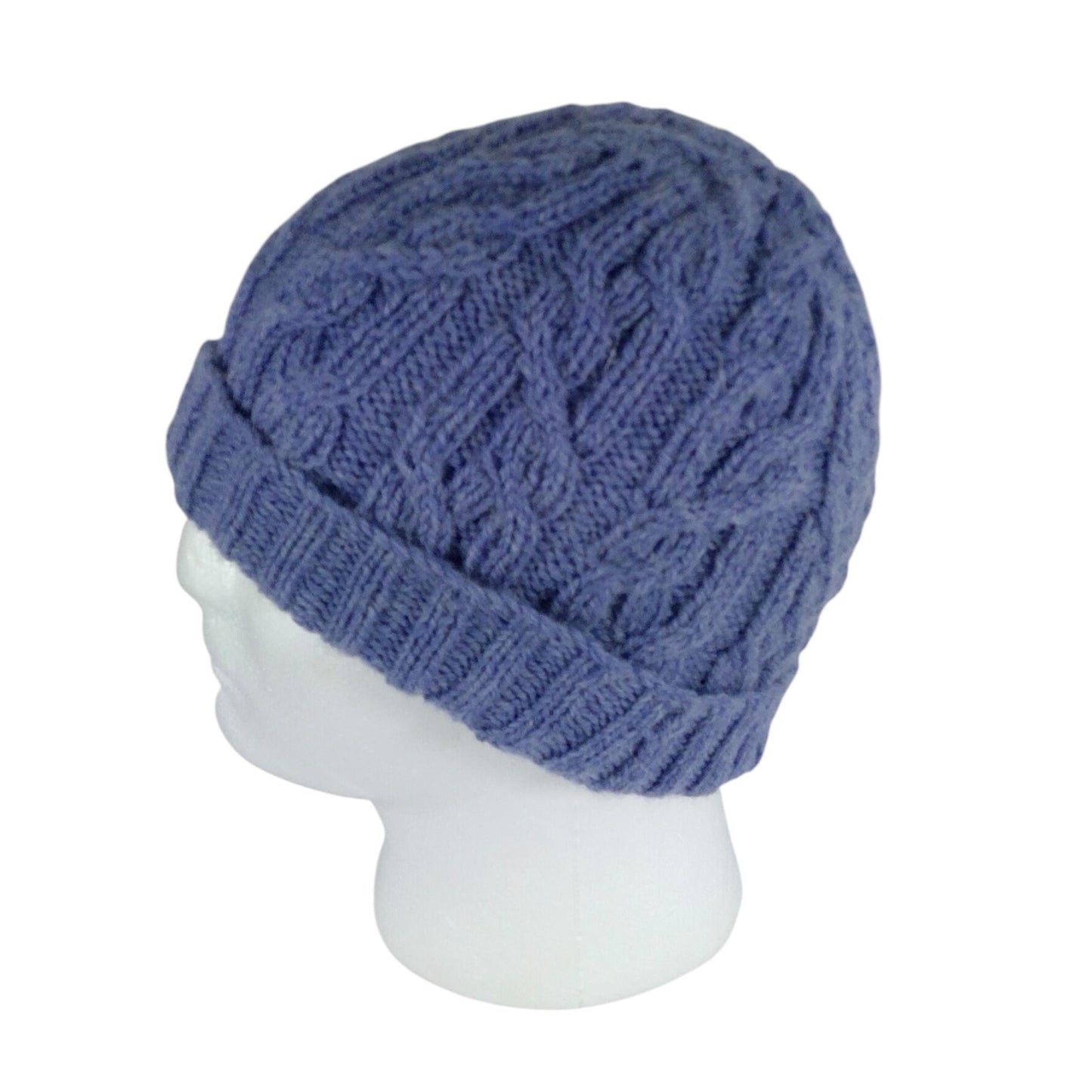hand knitted cable hat in mid blue