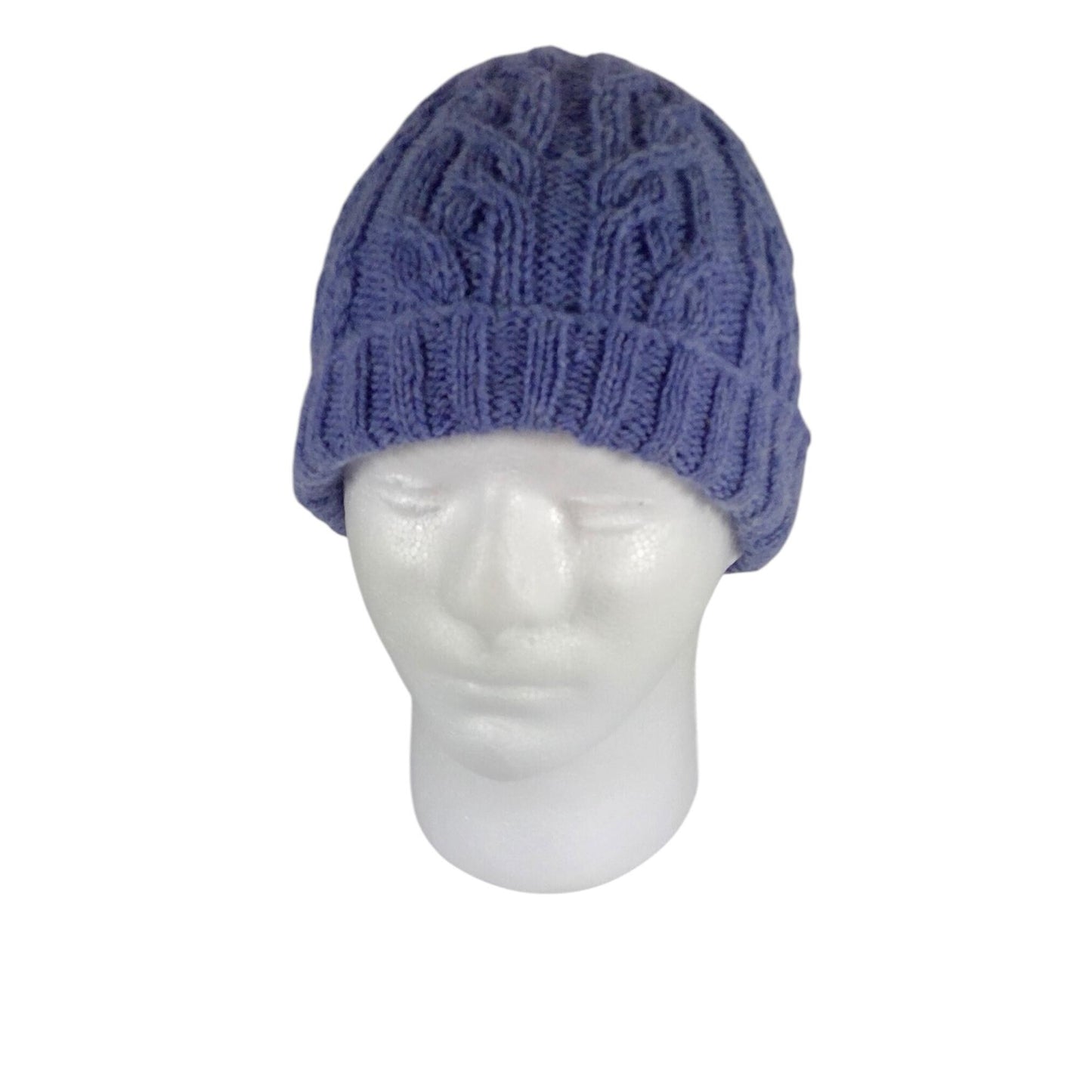 hand knitted cable hat in mid blue