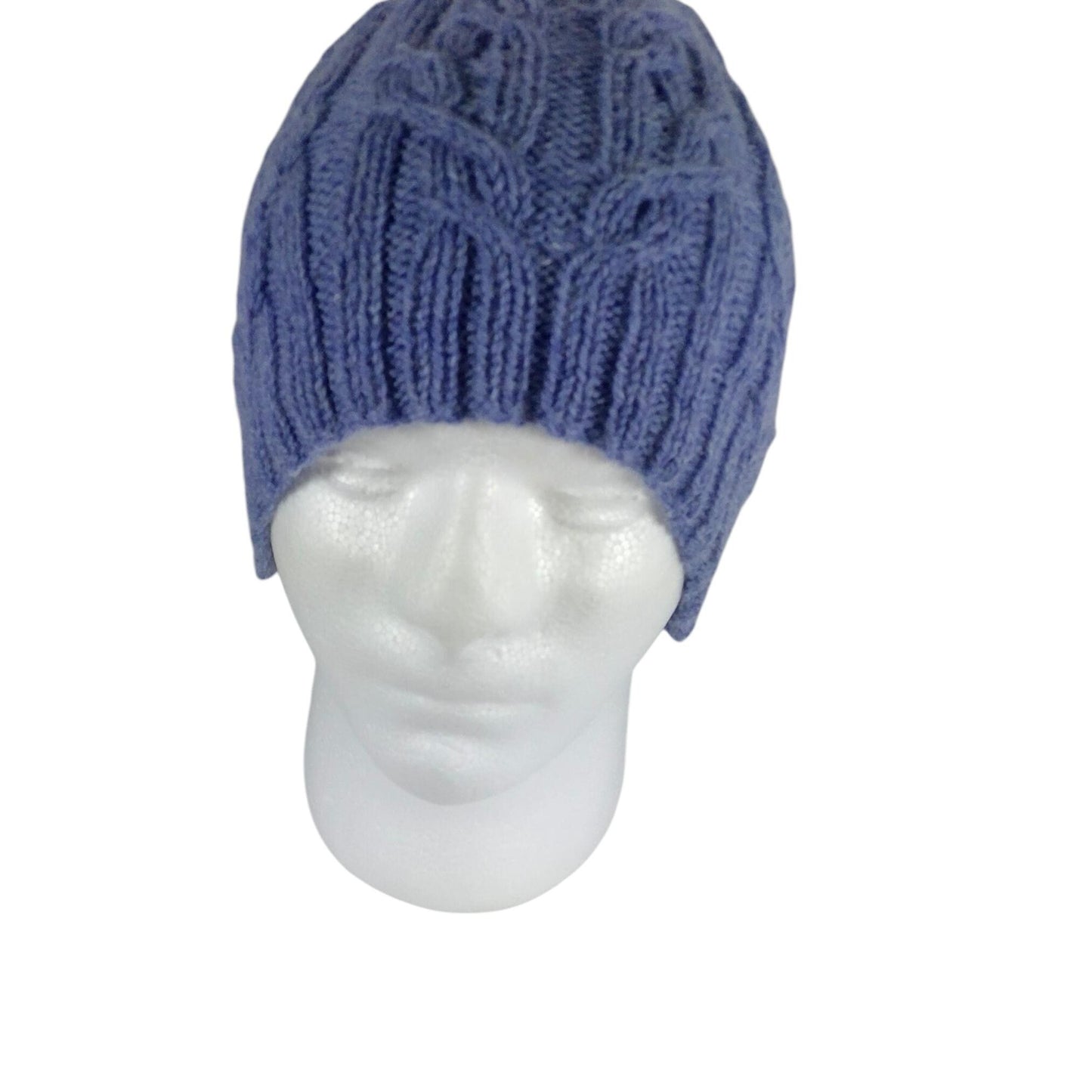 hand knitted cable hat in mid blue