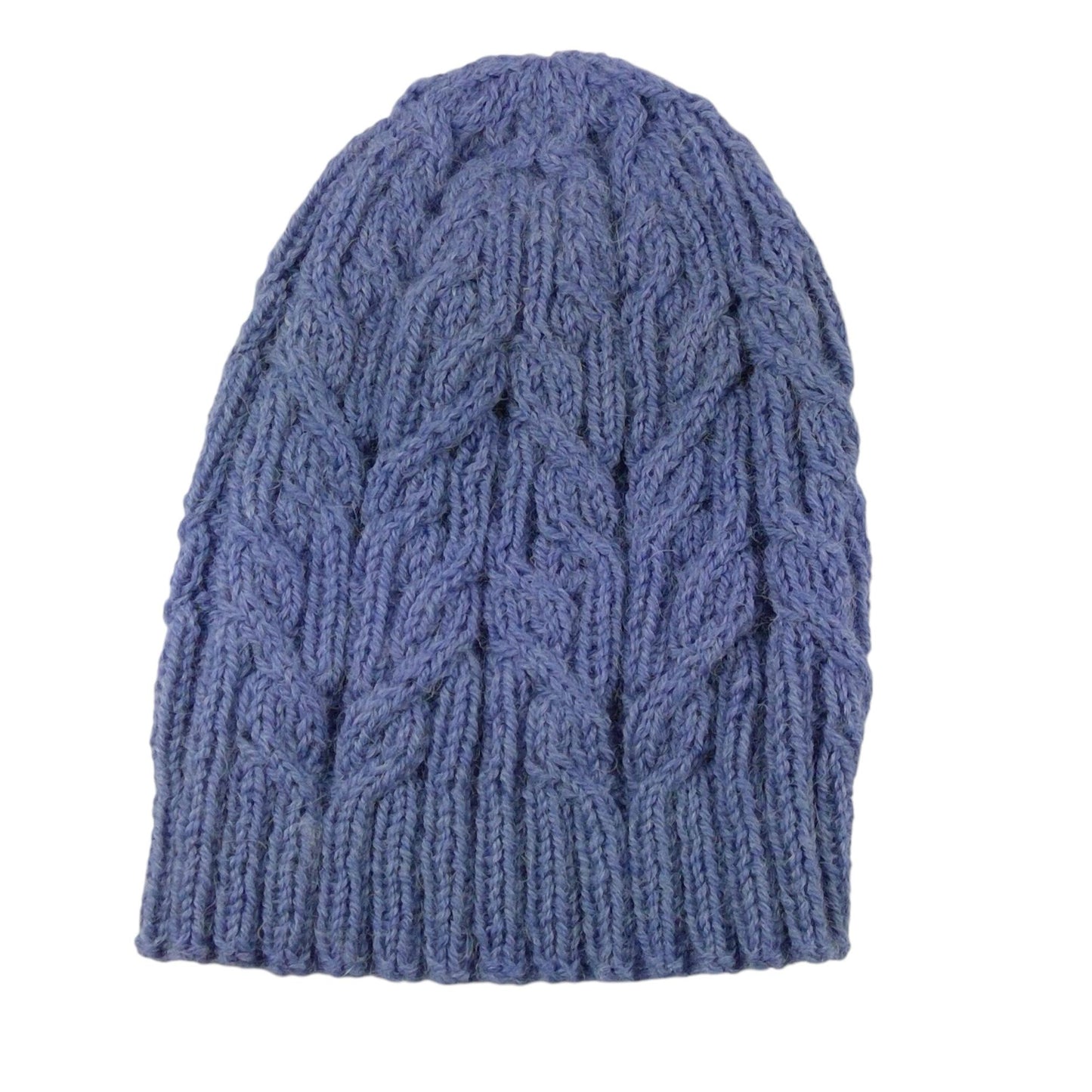 hand knitted cable hat in mid blue
