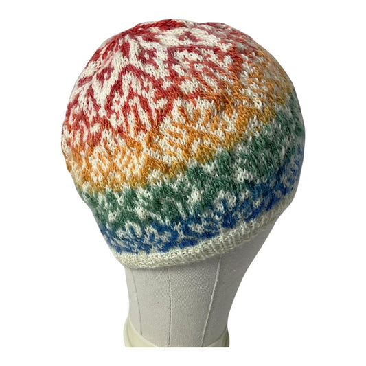 Floral Fairisle hand knitted hat in variagated rainbow shade yarn