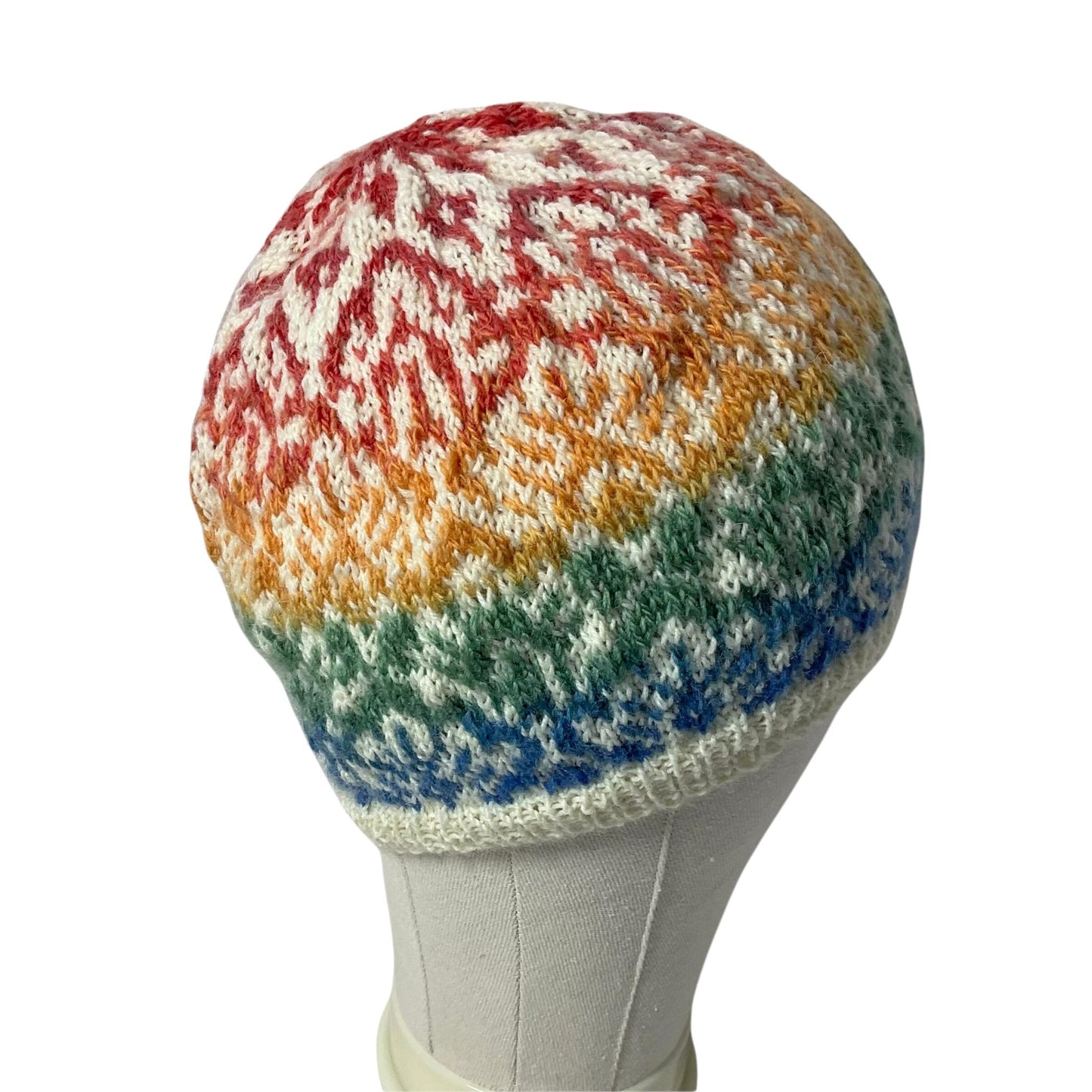 Floral Fairisle hand knitted hat in variagated rainbow shade yarn