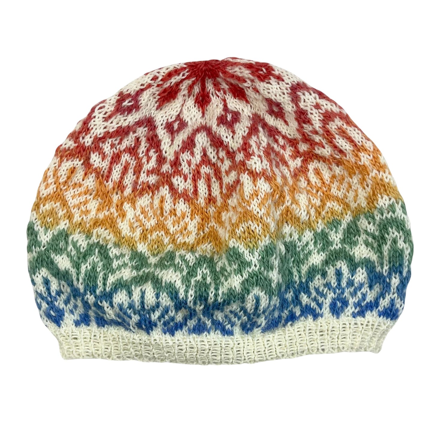Floral Fairisle hand knitted hat in variagated rainbow shade yarn
